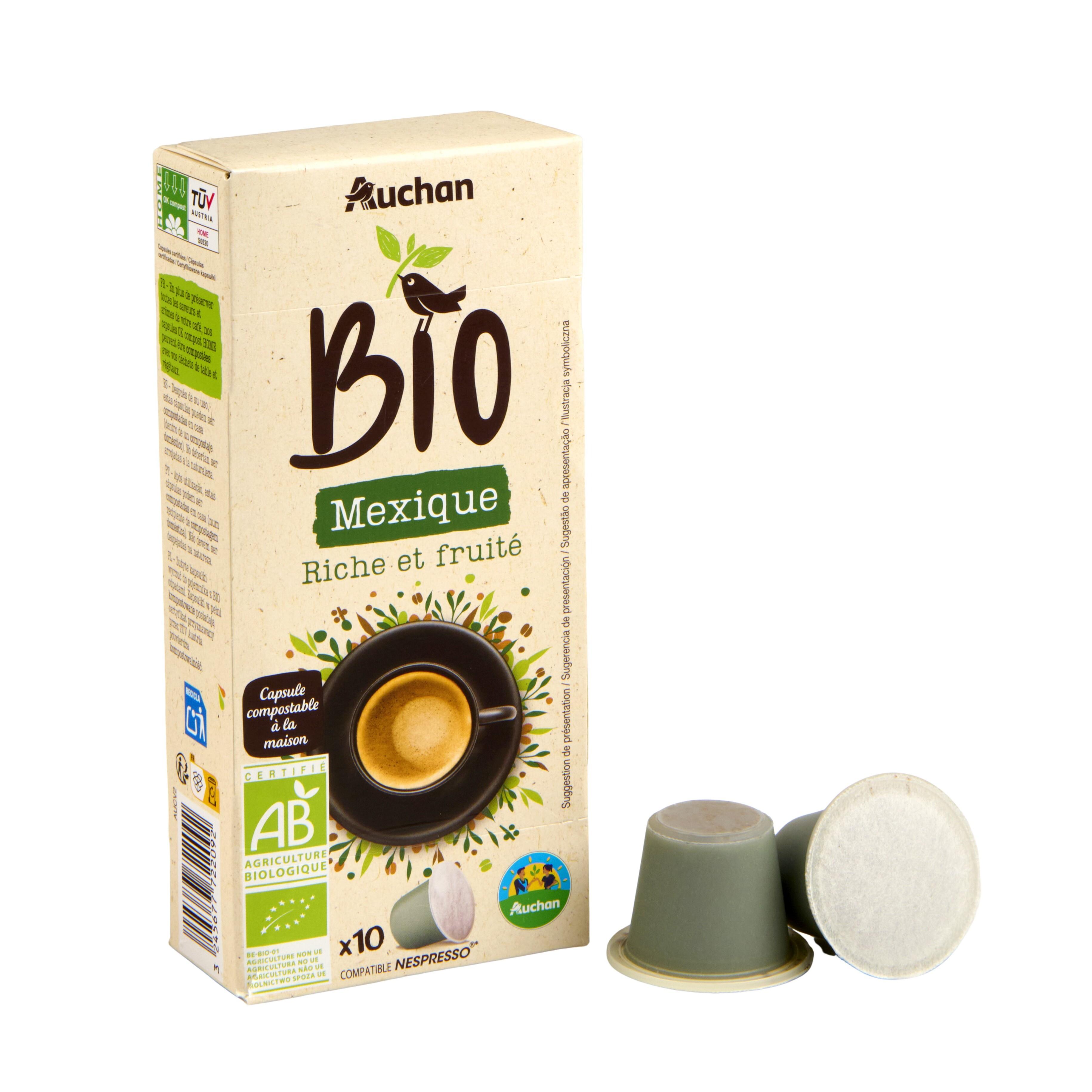Voir la diapositive 3 : AUCHAN BIO CULTIVONS LE BON CULTIONS LE BON Capsules de café Mexique riche et fruité compatibles Nespresso 10 capsules 52g