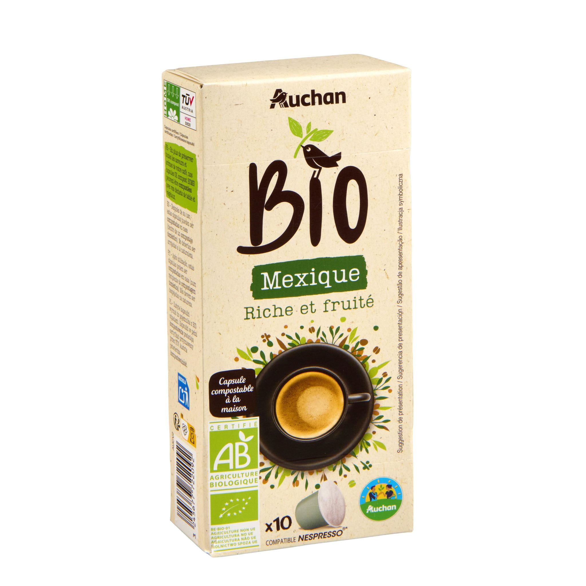 Voir la diapositive 3 : AUCHAN BIO CULTIVONS LE BON CULTIONS LE BON Capsules de café Mexique riche et fruité compatibles Nespresso 10 capsules 52g