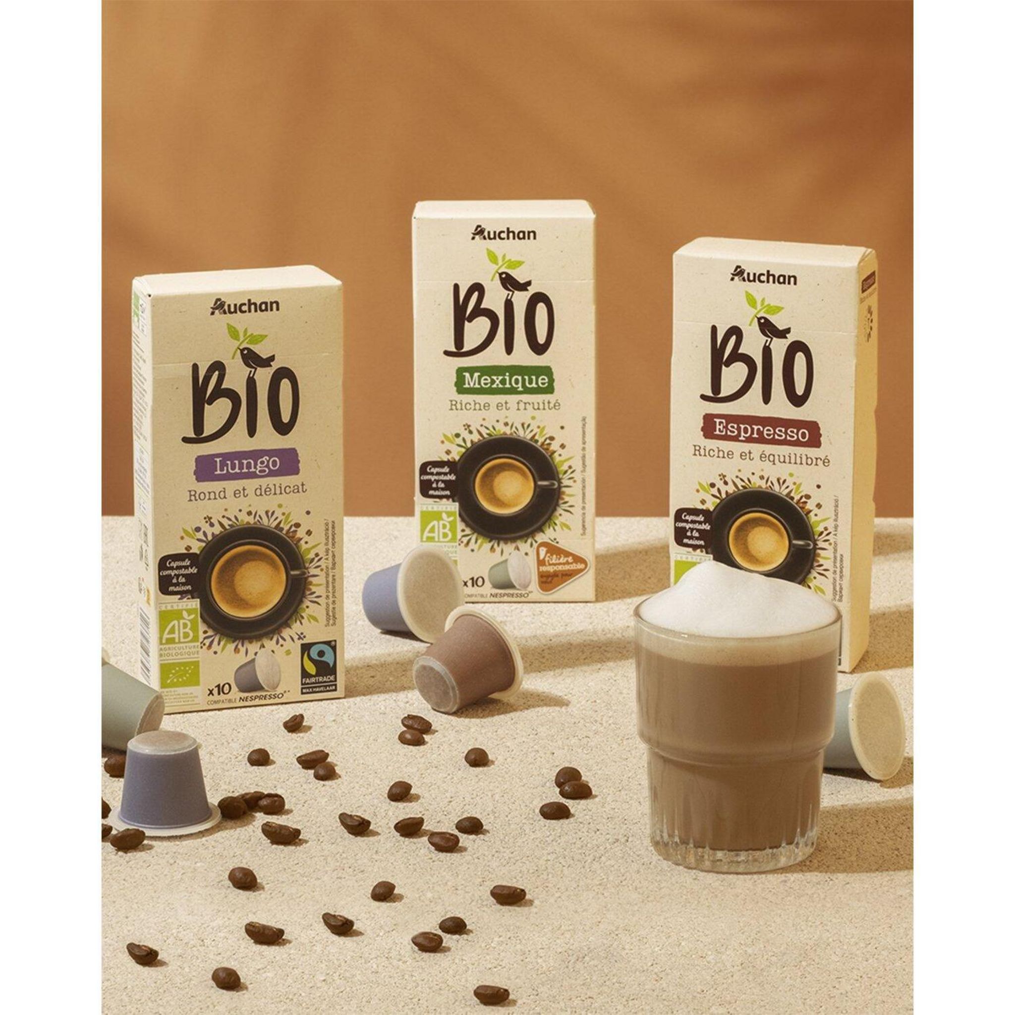 Voir la diapositive 5 : AUCHAN BIO CULTIVONS LE BON CULTIONS LE BON Capsules de café Mexique riche et fruité compatibles Nespresso 10 capsules 52g