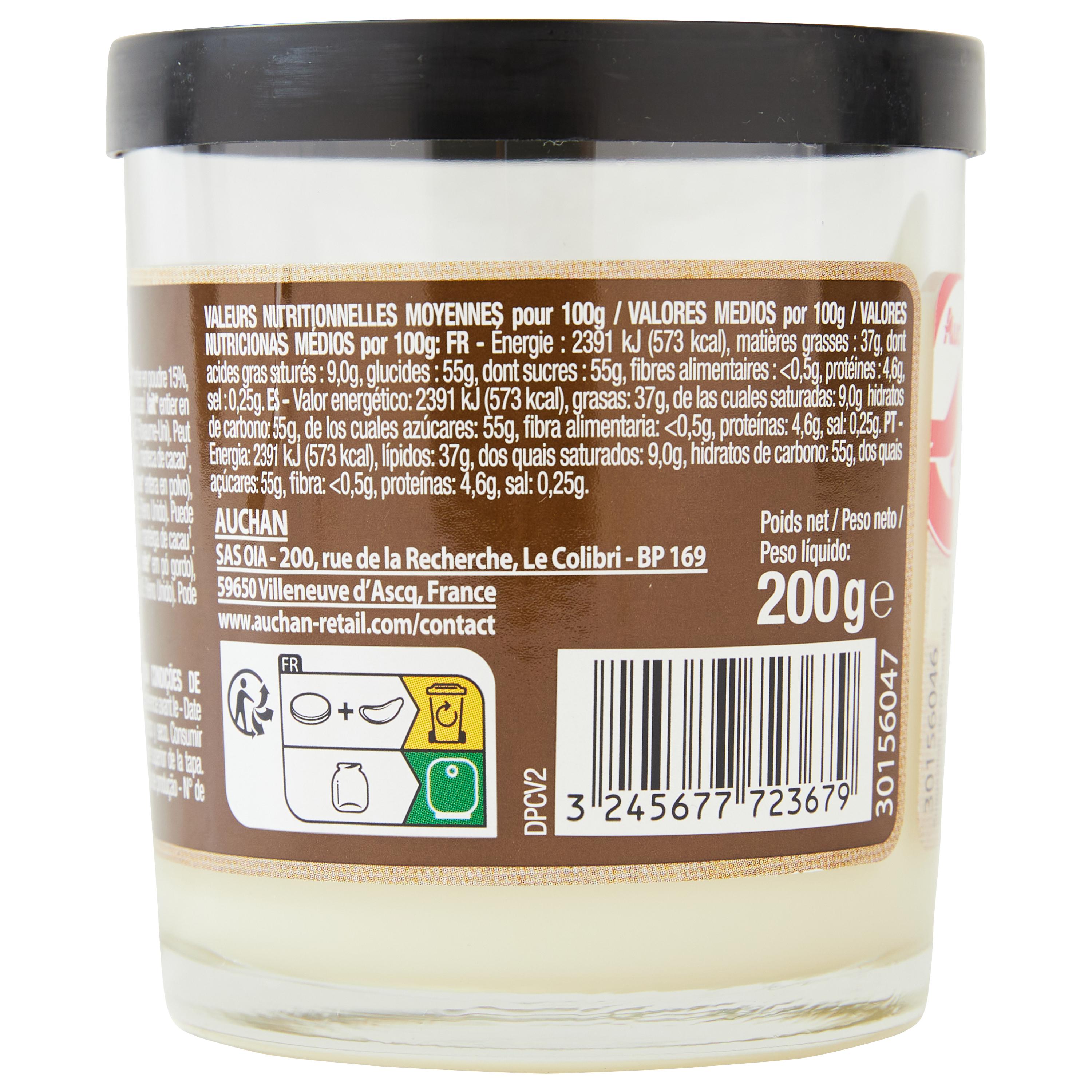 Voir la diapositive 2 : AUCHAN Pasta Cao Pâte à tartiner au chocolat blanc sans huile de palme 200g