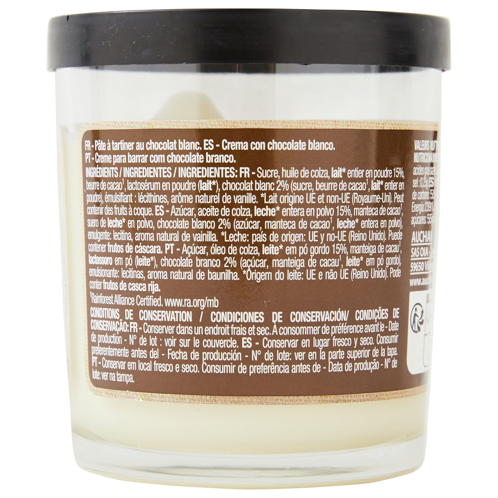 Voir la diapositive 2 : AUCHAN Pasta Cao Pâte à tartiner au chocolat blanc sans huile de palme 200g