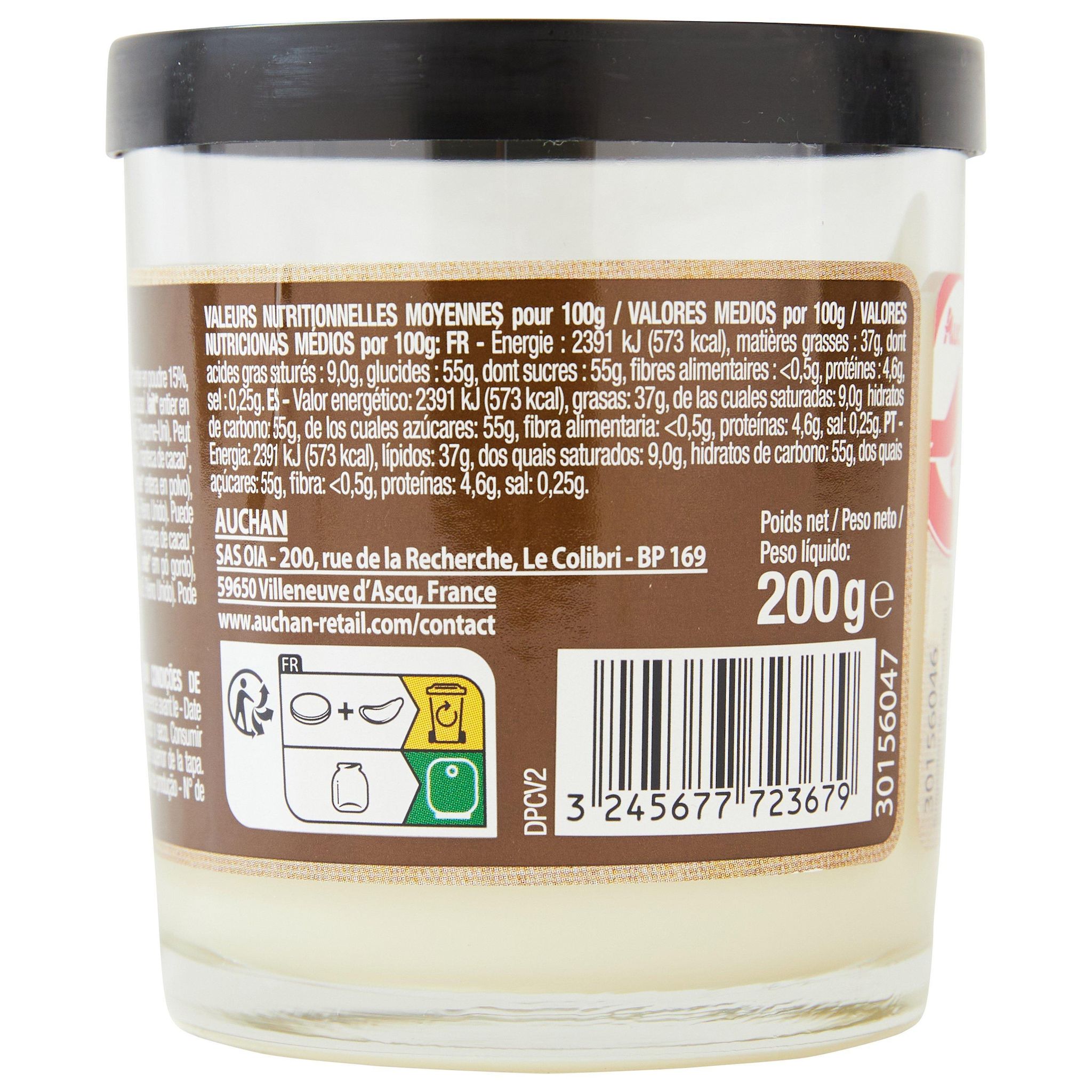 Voir la diapositive 3 : AUCHAN Pasta Cao Pâte à tartiner au chocolat blanc sans huile de palme 200g