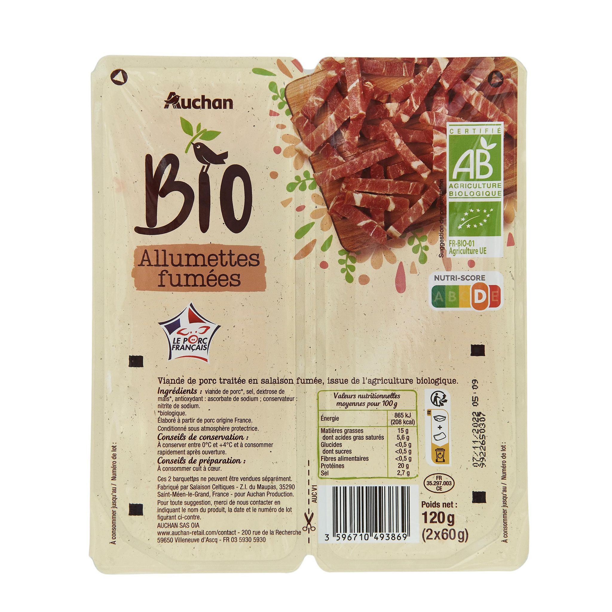 Voir la diapositive 2 : AUCHAN BIO Allumettes fumées 2x60g 120g
