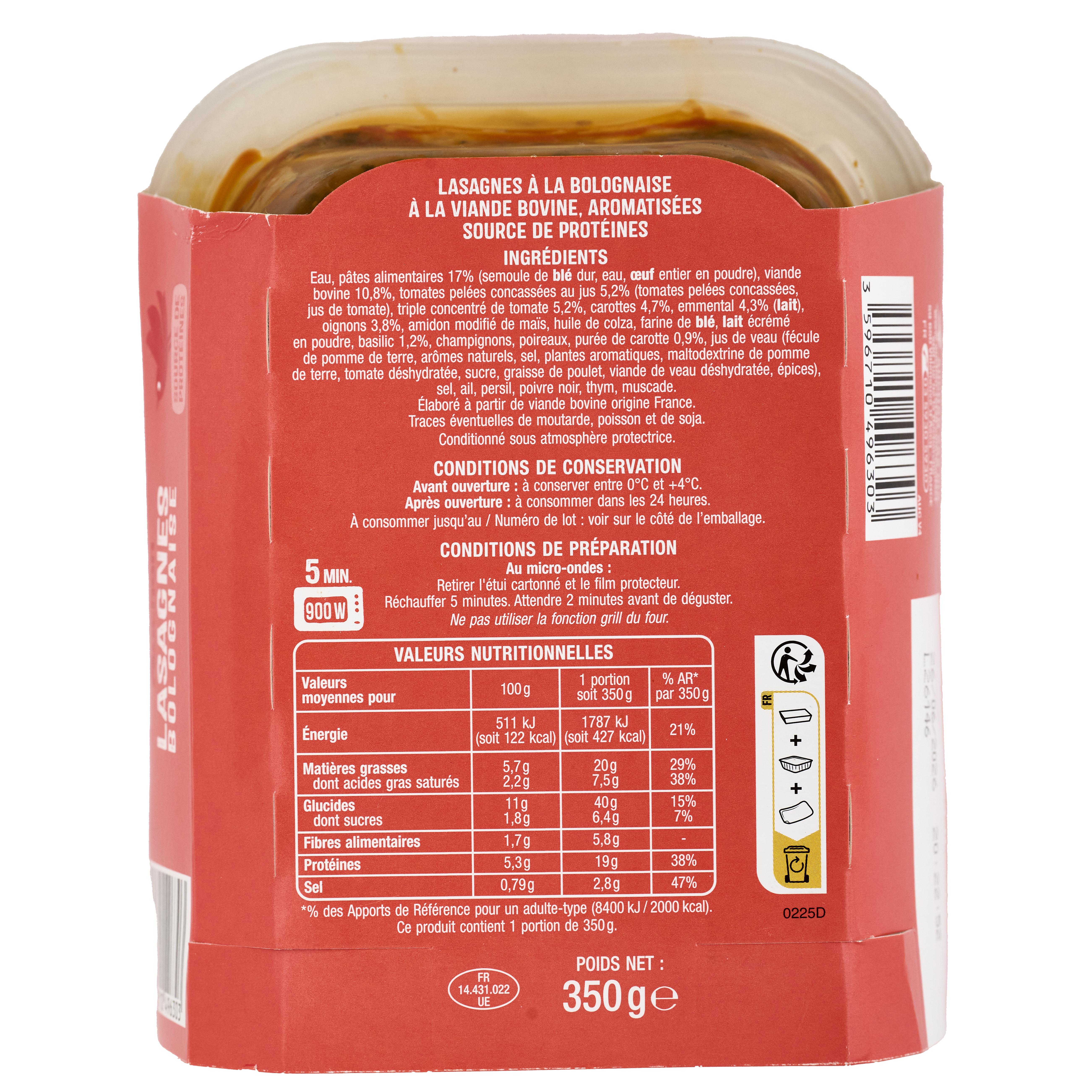 Voir la diapositive 2 : AUCHAN Lasagnes à la bolognaise 1 part 350g