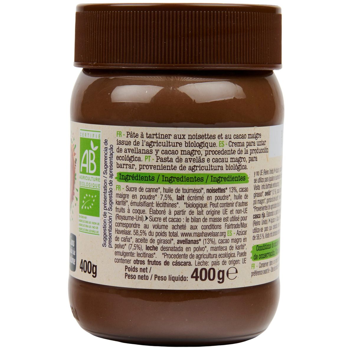 AUCHAN BIO Pâte à tartiner au cacao et noisettes 400g
