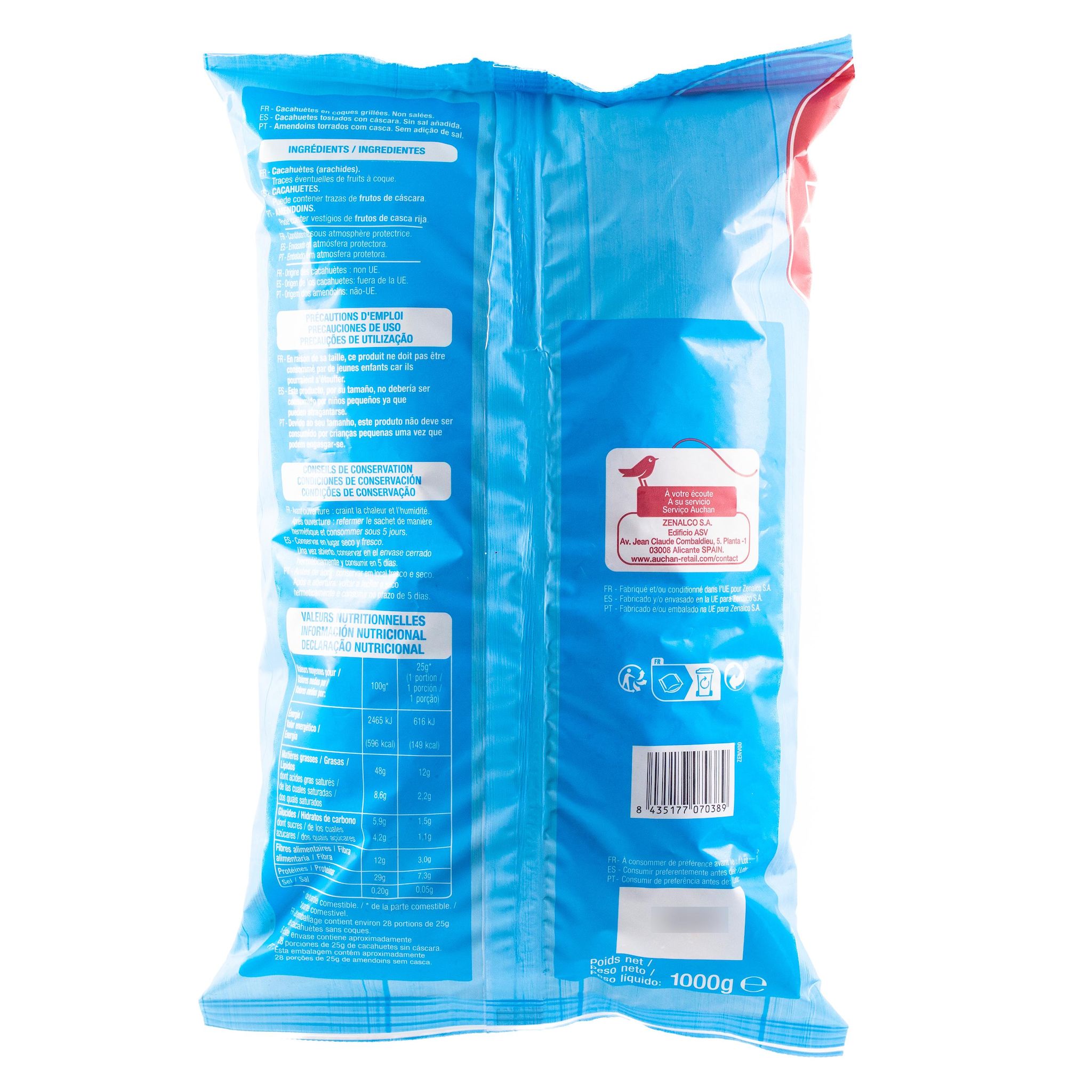 Voir la diapositive 2 : AUCHAN Cacahuètes en coque grillées non salées 1kg