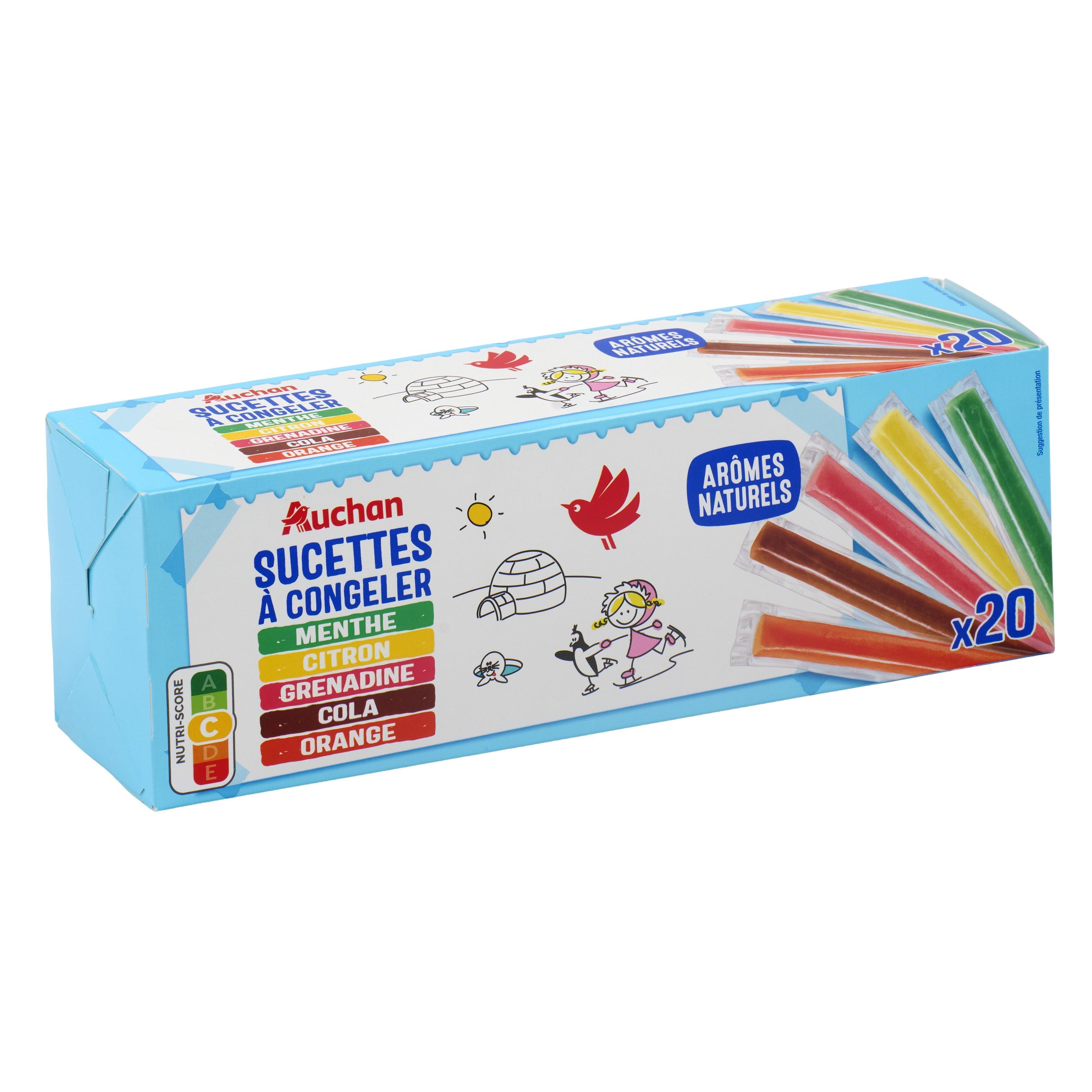 Voir la diapositive 2 : AUCHAN Sucettes à congeler aux arômes naturels 20 pièces 850g