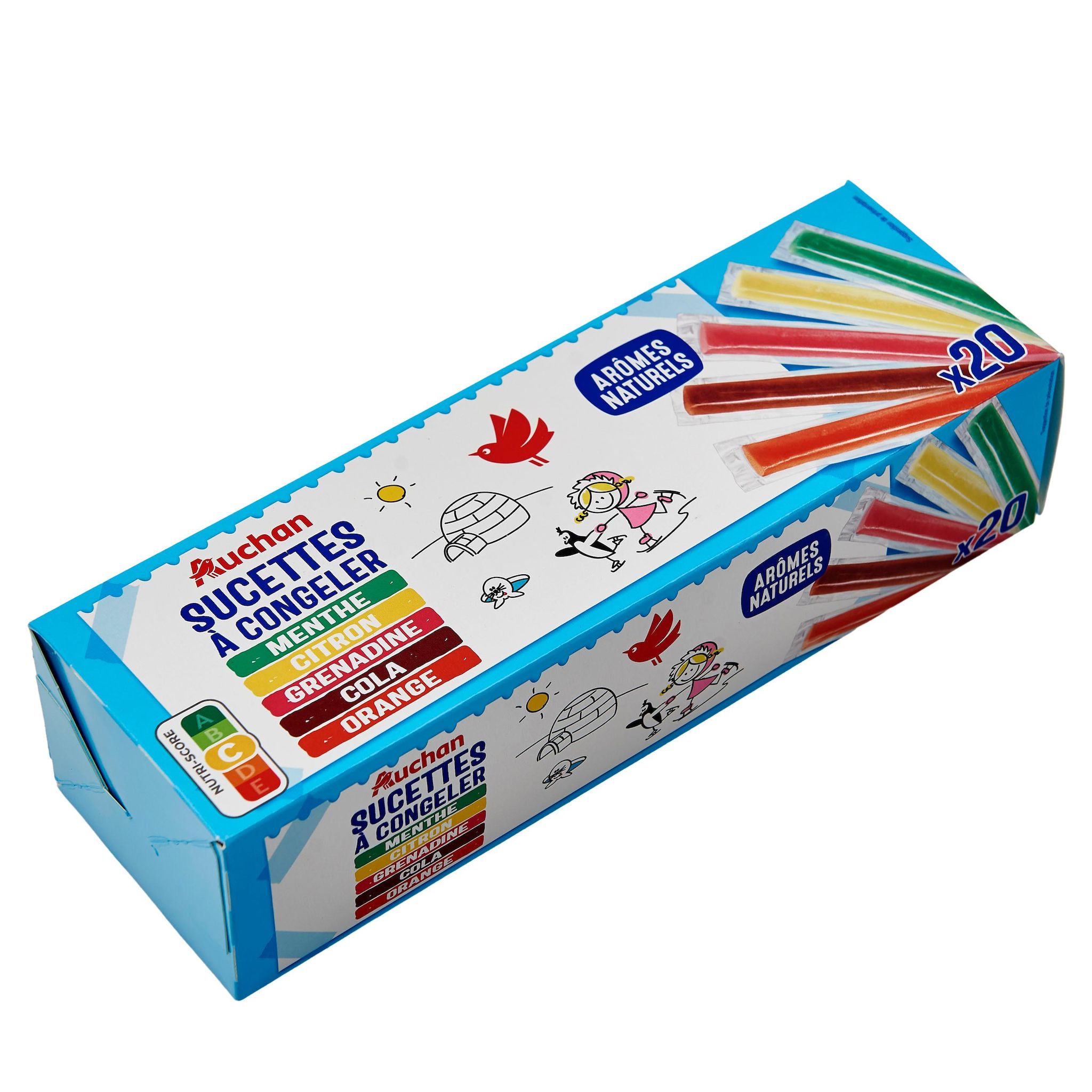 Voir la diapositive 2 : AUCHAN Sucettes à congeler aux arômes naturels 20 pièces 850g
