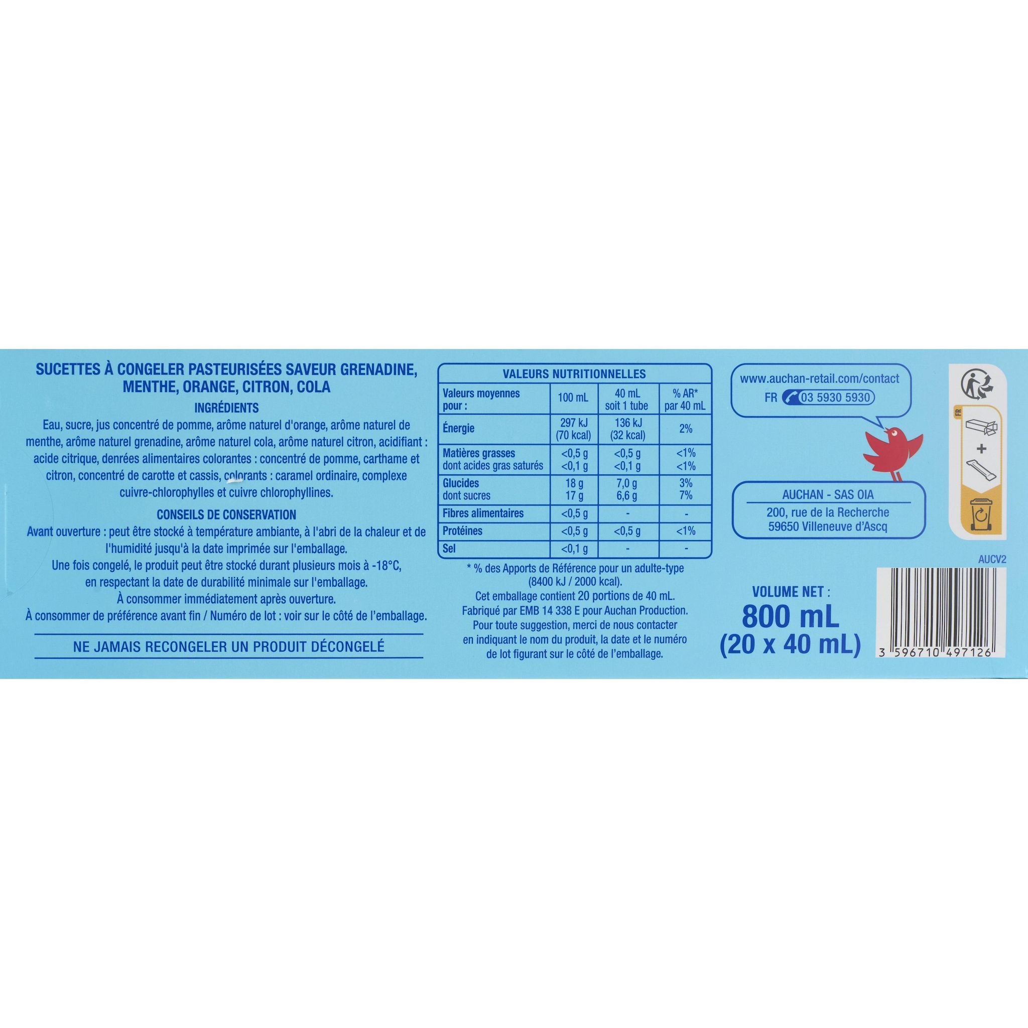 Voir la diapositive 3 : AUCHAN Sucettes à congeler aux arômes naturels 20 pièces 850g