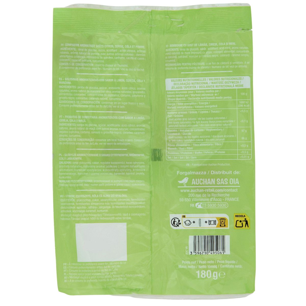 AUCHAN Sucettes parfums citron cerise cola pomme 180g