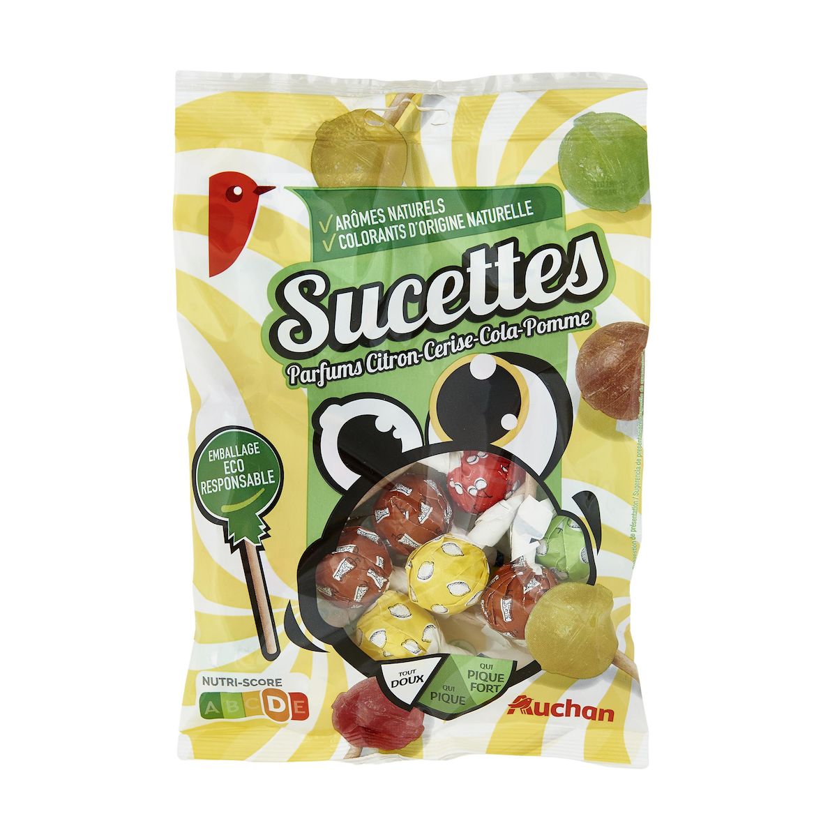 AUCHAN Sucettes parfums citron cerise cola pomme 180g