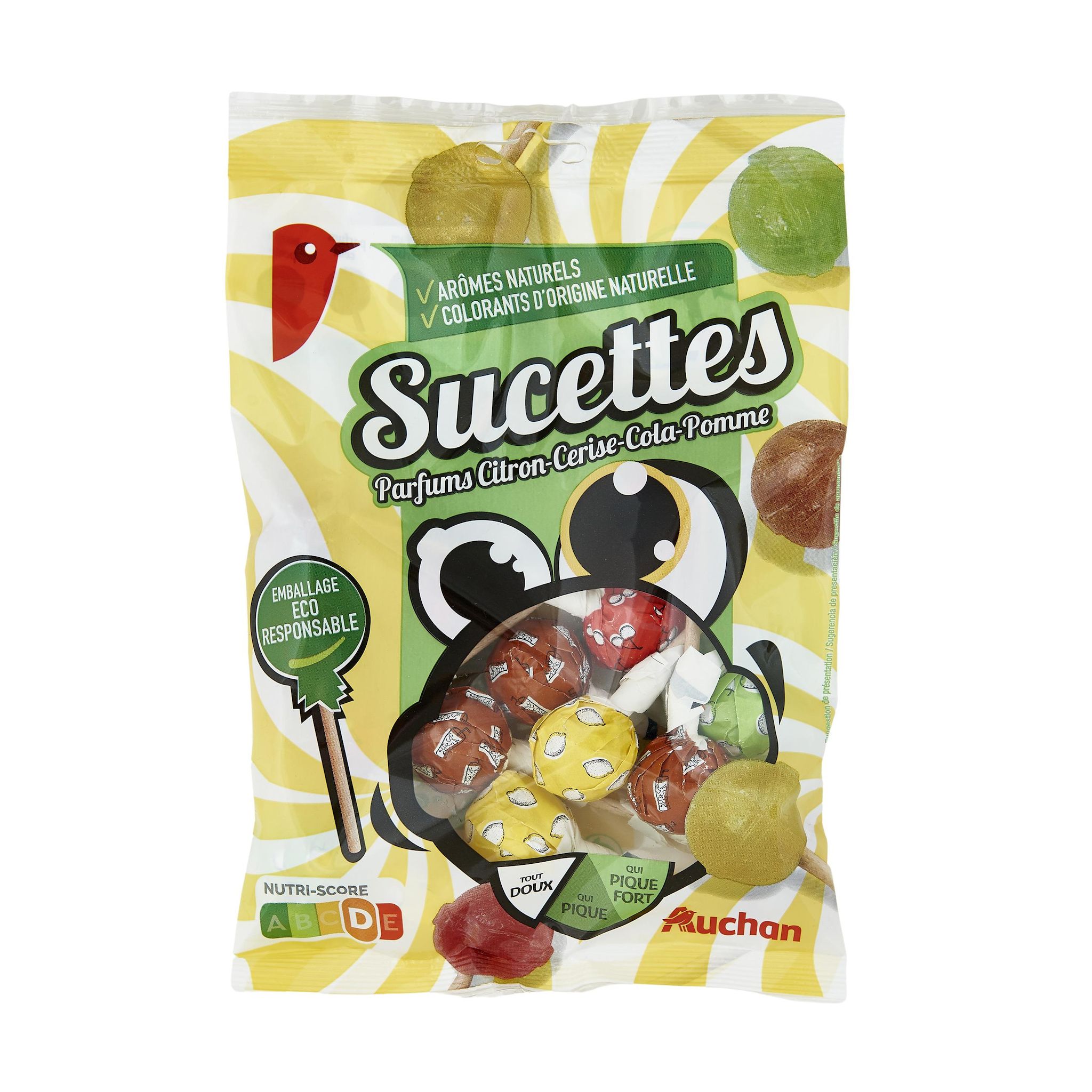 Voir la diapositive 3 : AUCHAN Sucettes parfums citron cerise cola pomme 180g
