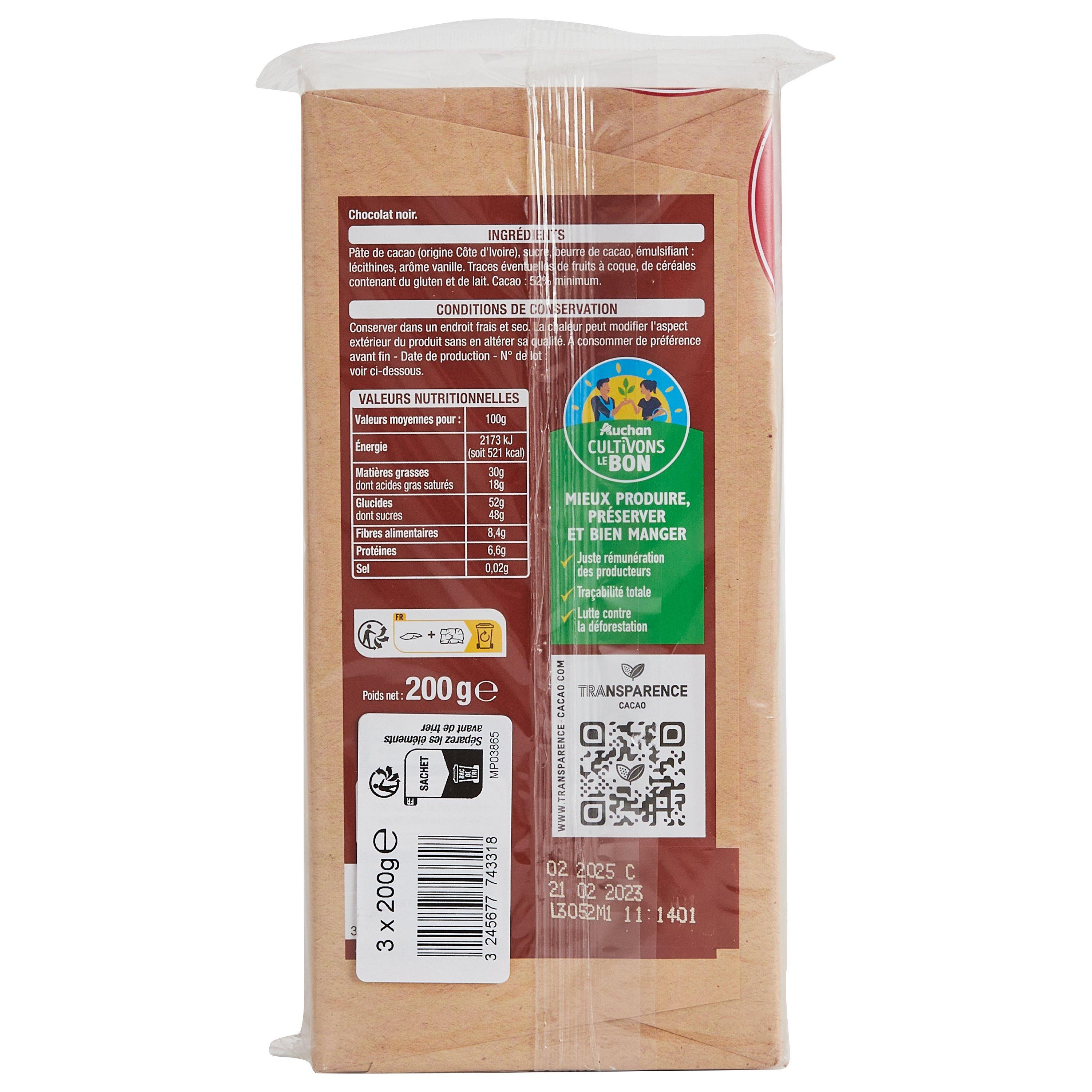 Voir la diapositive 2 : AUCHAN CULTIVONS LE BON Tablette de chocolat noir dessert 52% 3 pièces 3x200g