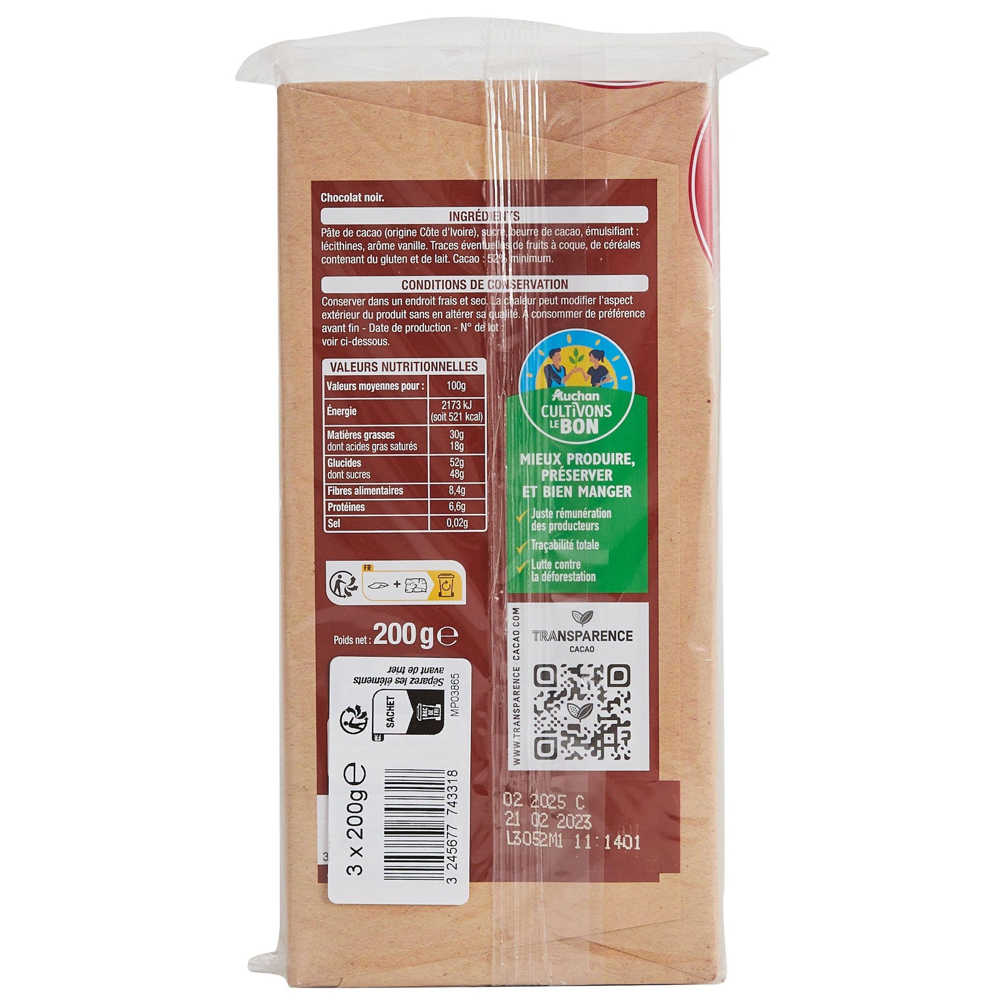 Voir la diapositive 2 : AUCHAN CULTIVONS LE BON Tablette de chocolat noir dessert 52% 3 pièces 3x200g