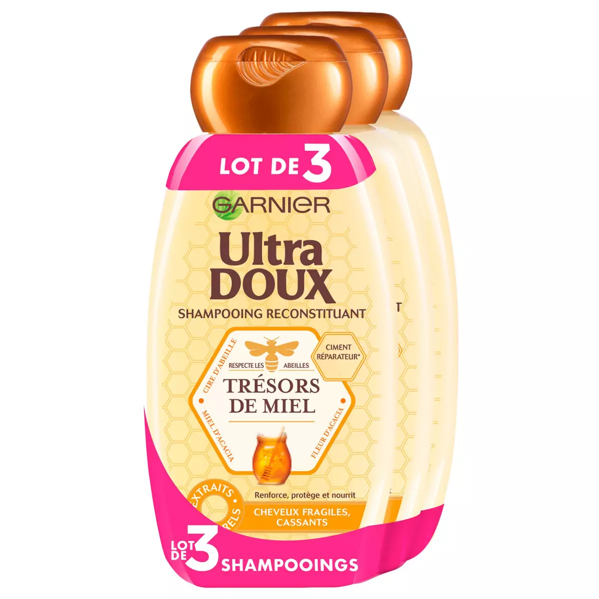 ULTRA DOUX Shampooing reconstituant miel cheveux fragiles et cassants 3x250ml
