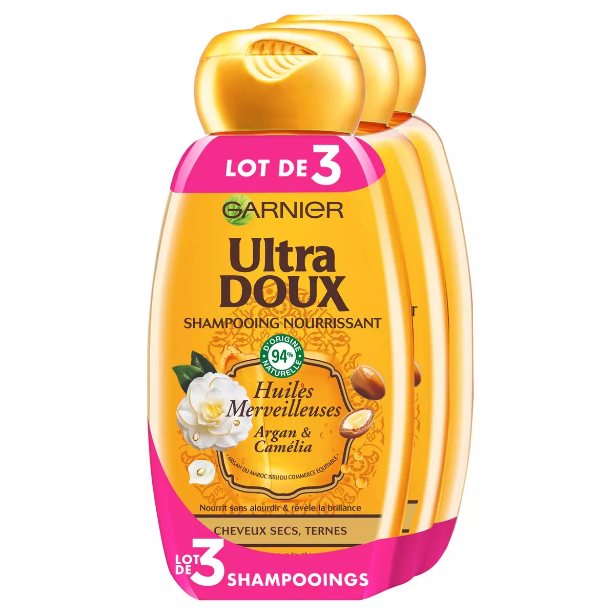 ULTRA DOUX Shampooing nourrissant argan & camélia cheveux secs et ternes 3x250ml
