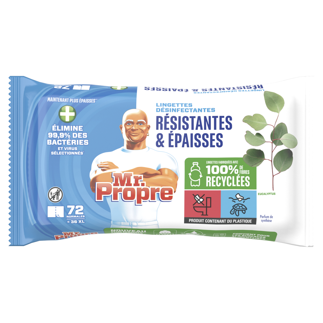 Voir la diapositive 2 : MR.PROPRE Lingettes désinfectantes résistantes et épaisses à l'eucalyptus 72 petites 36 lingettes