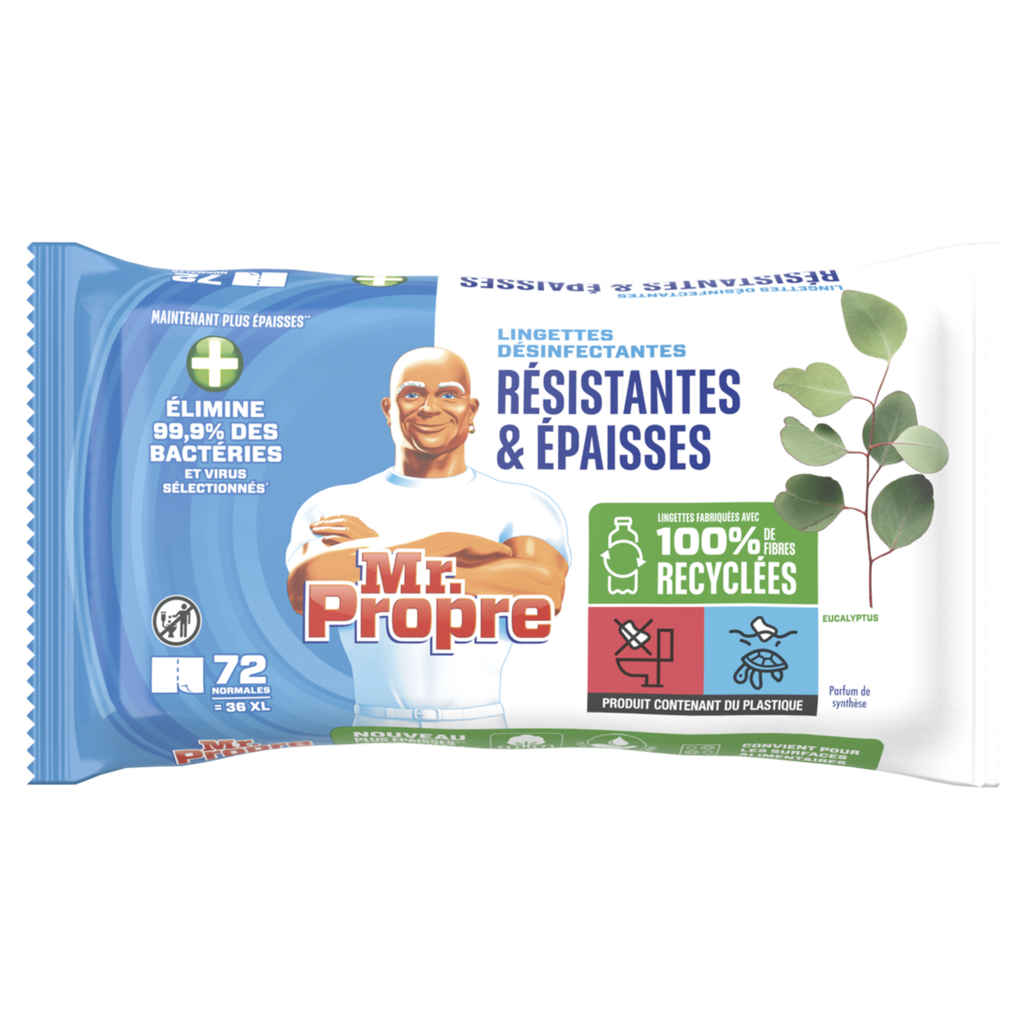 Voir la diapositive 2 : MR.PROPRE Lingettes désinfectantes résistantes et épaisses à l'eucalyptus 72 petites 36 lingettes