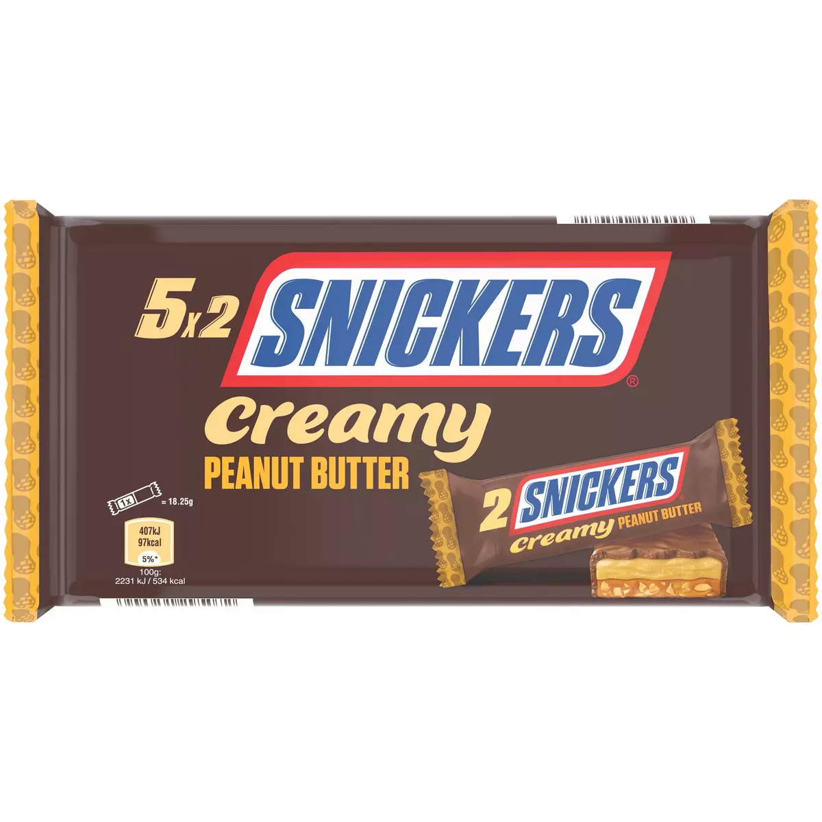 SNICKERS Creamy barres chocolatées aux cacahuètes grillées et caramel 5x2 barres 182.5g