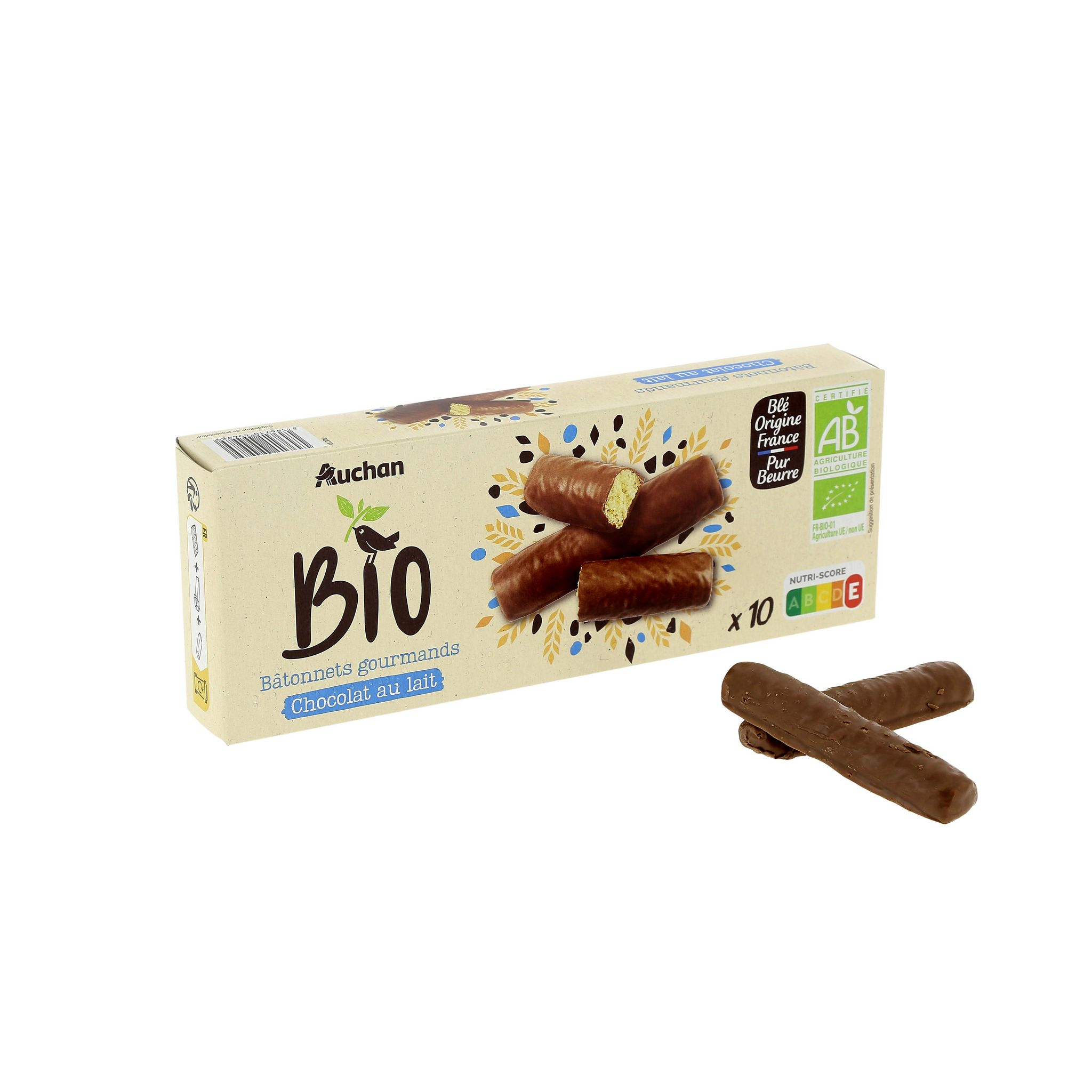 Voir la diapositive 2 : AUCHAN BIO Bâtonnets gourmands au chocolat au lait 10 pièces 133g