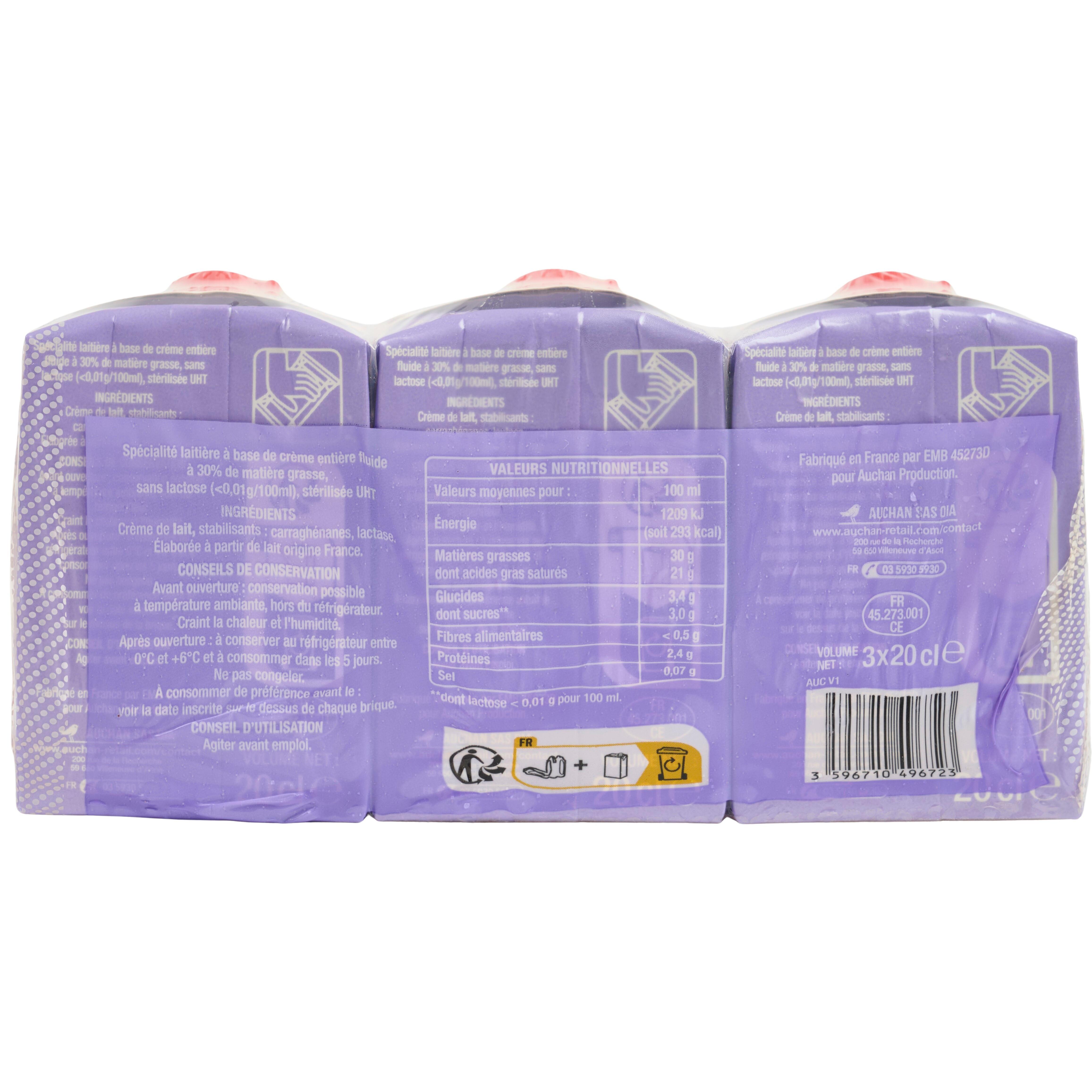 Voir la diapositive 3 : AUCHAN Crème fluide entière sans lactose 30% MG UHT 3x20cl