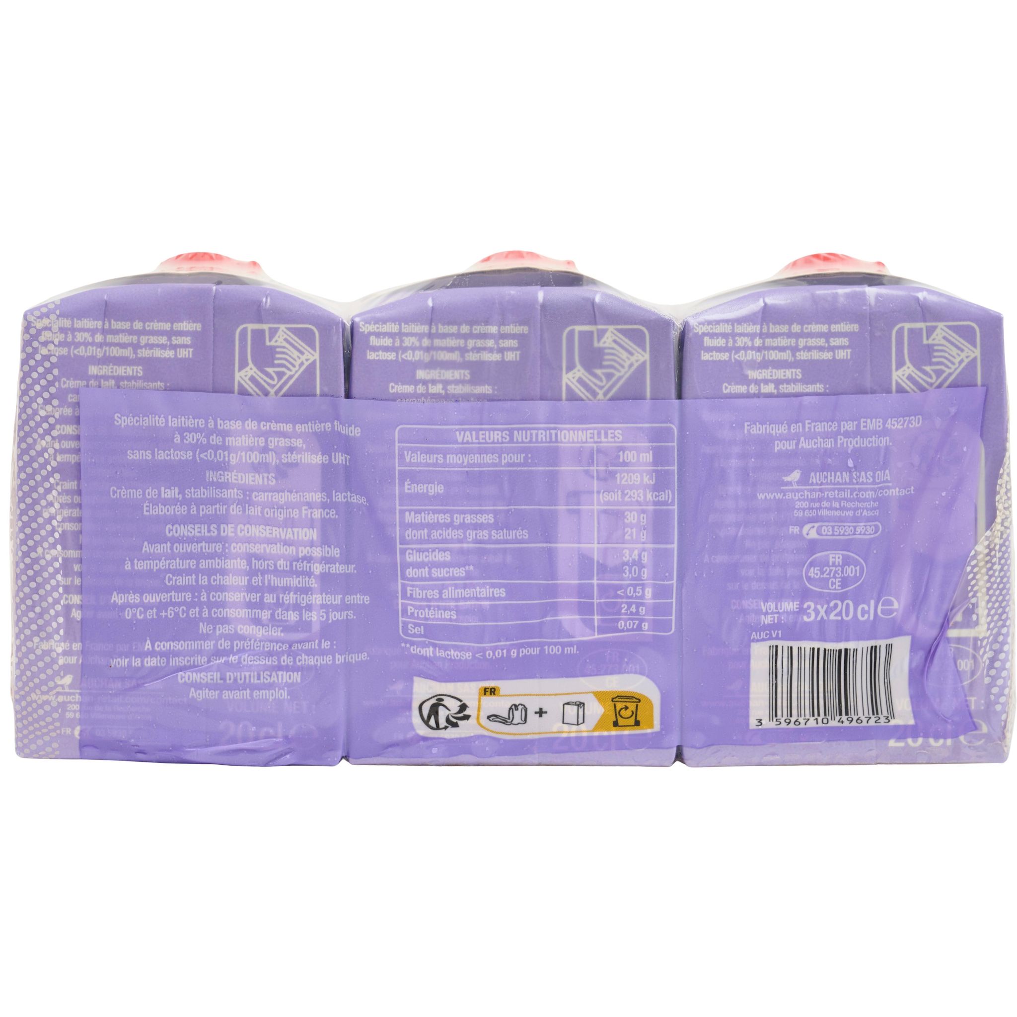 Voir la diapositive 3 : AUCHAN Crème fluide entière sans lactose 30% MG UHT 3x20cl