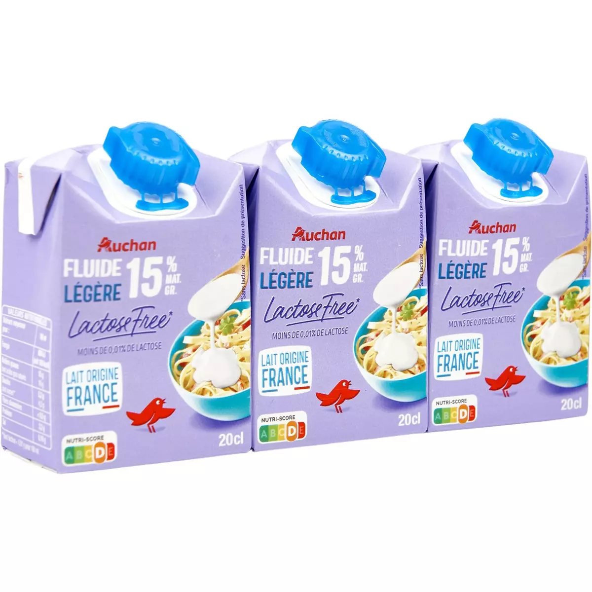 AUCHAN Crème fluide légère 15% MG UHT sans lactose 3x20cl
