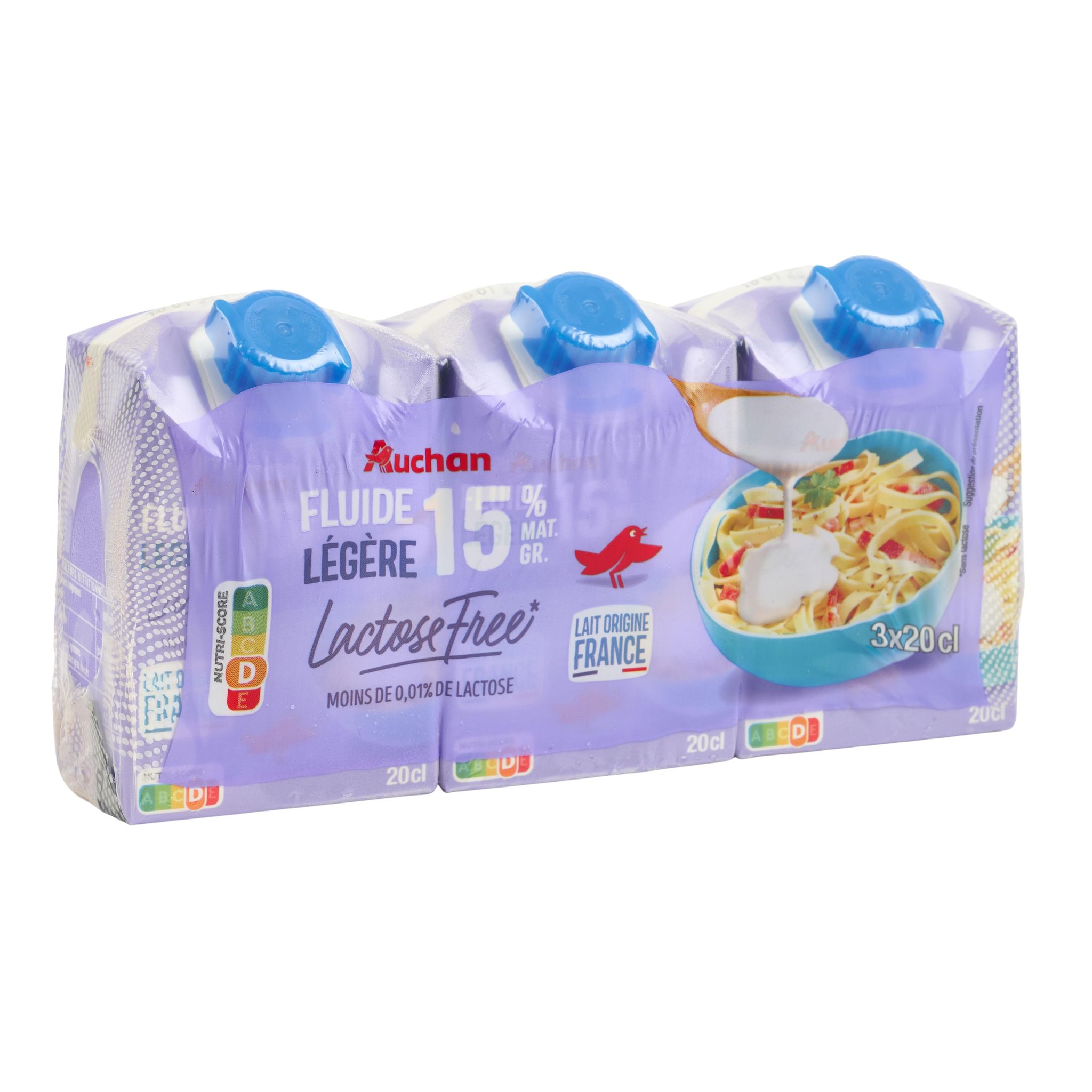 Voir la diapositive 2 : AUCHAN Crème fluide légère sans lactose 15% MG UHT 3x20cl