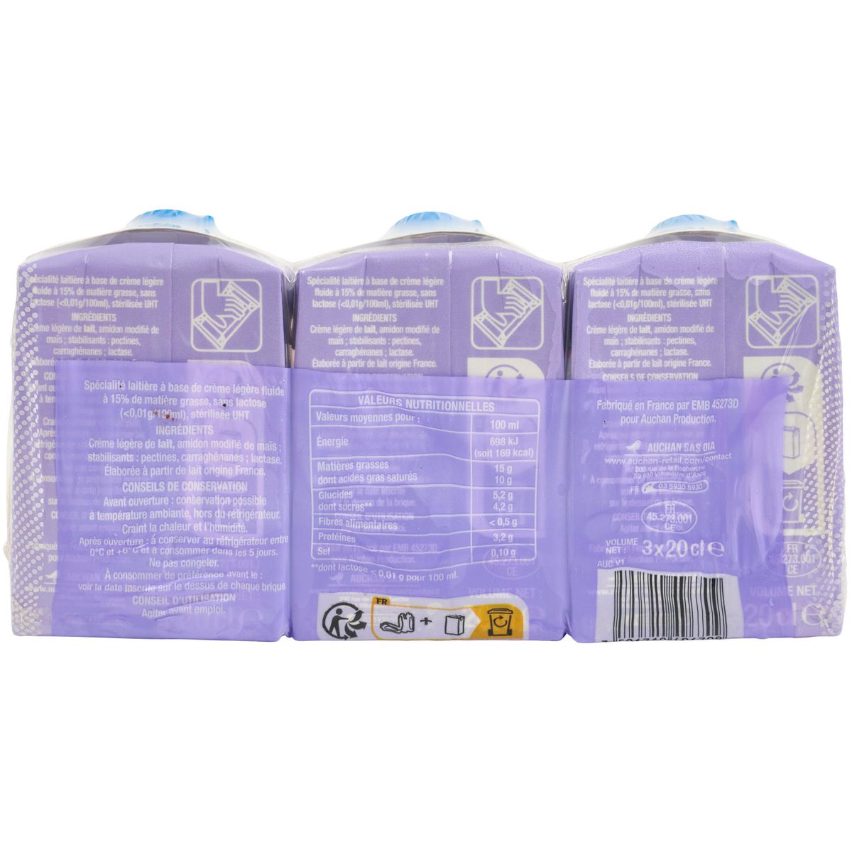 AUCHAN Crème fluide légère sans lactose 15% MG UHT 3x20cl