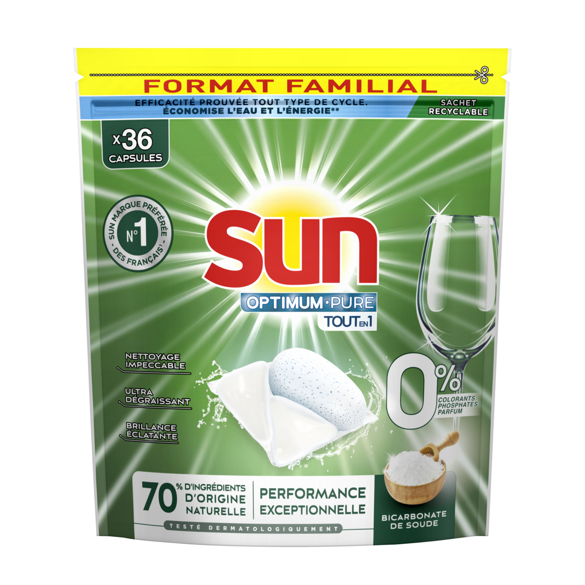 SUN Optimum pure capsules lave-vaisselle tout en 1 au bicarbonate de soude 36 capsules