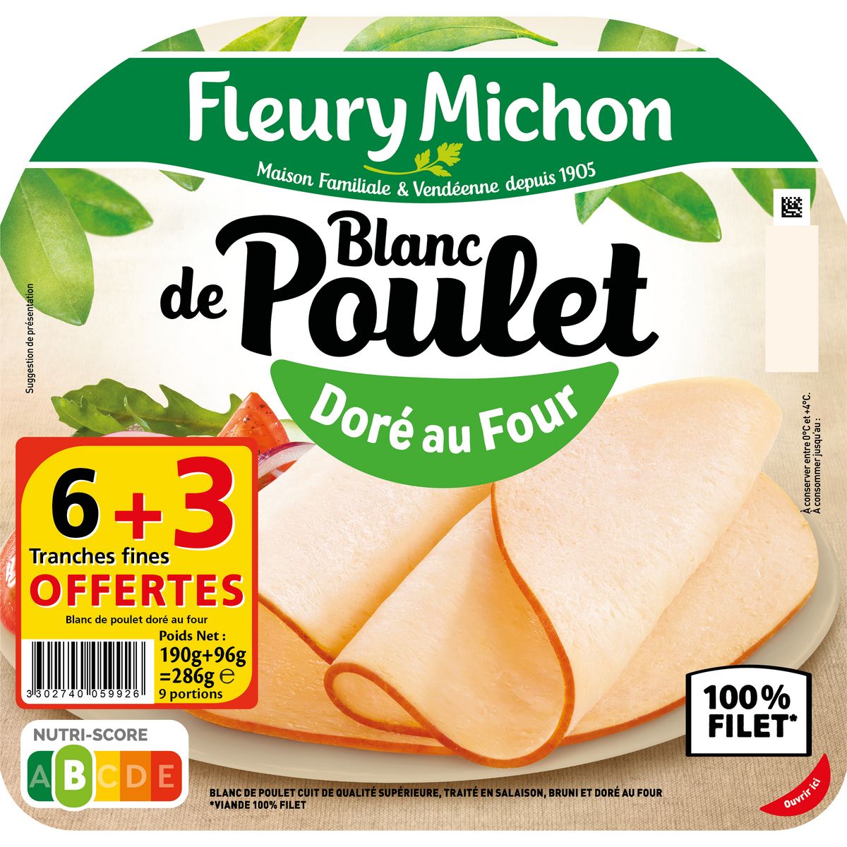 FLEURY MICHON Blanc de poulet doré au four 6 tranches+3 offertes 286g