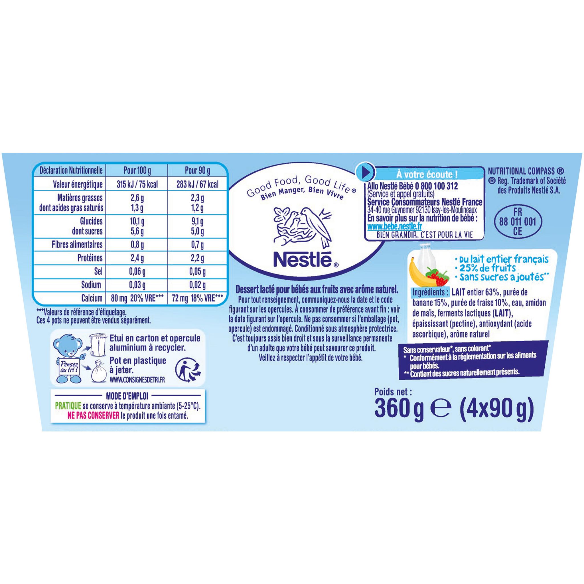 Voir la diapositive 2 : NESTLE P'tit brassé petit pot dessert lacté à la banane et fraise sans sucres ajoutés dès 6 mois 4x90g