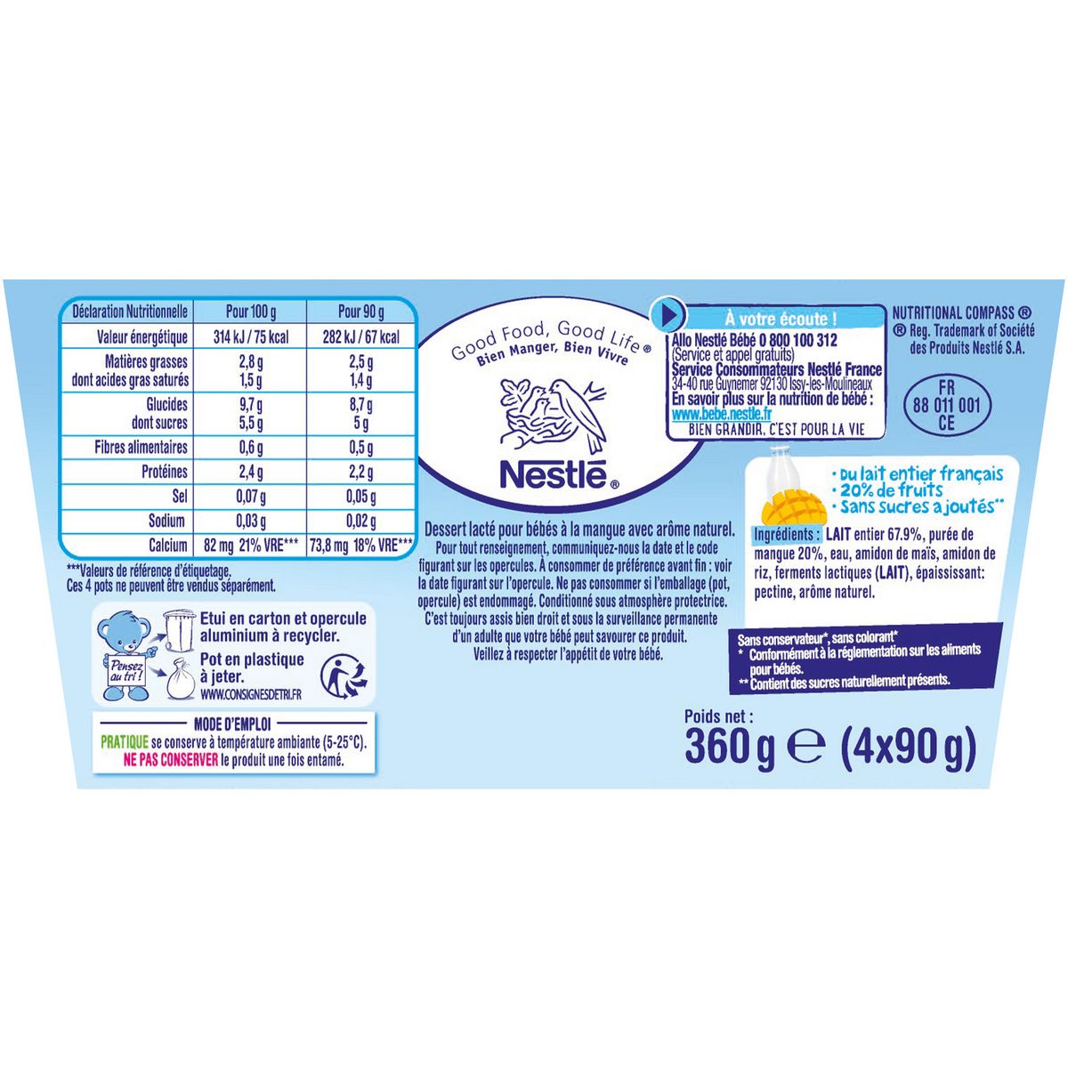 NESTLE P'tit brassé petit pot dessert lacté à la mangue sans sucres ajoutés dès 6 mois 4x90g