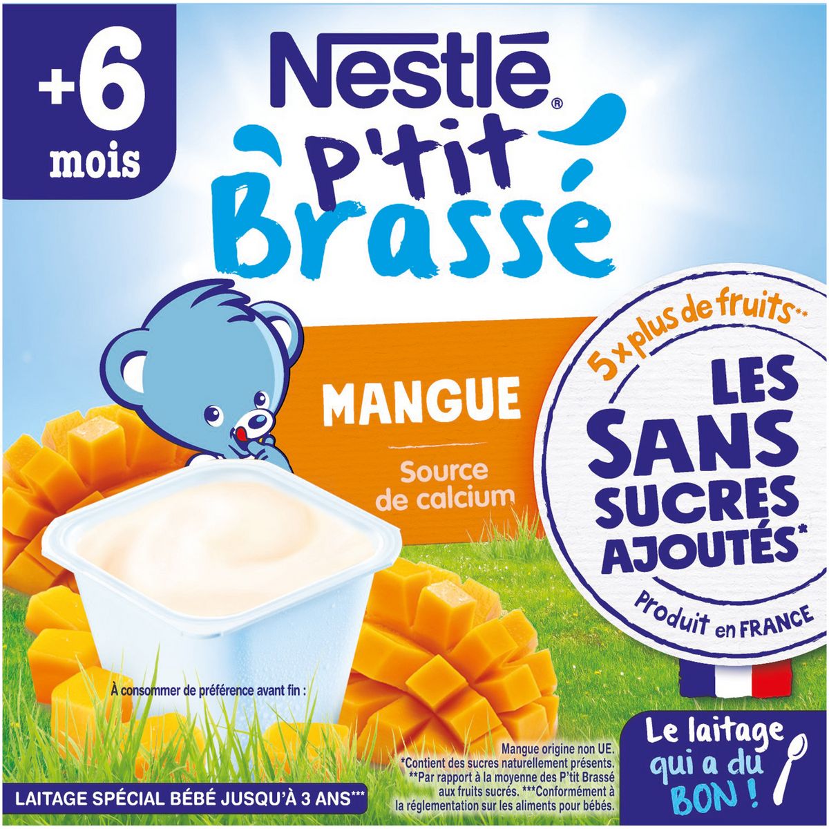 NESTLE P'tit brassé petit pot dessert lacté à la mangue sans sucres ajoutés dès 6 mois 4x90g