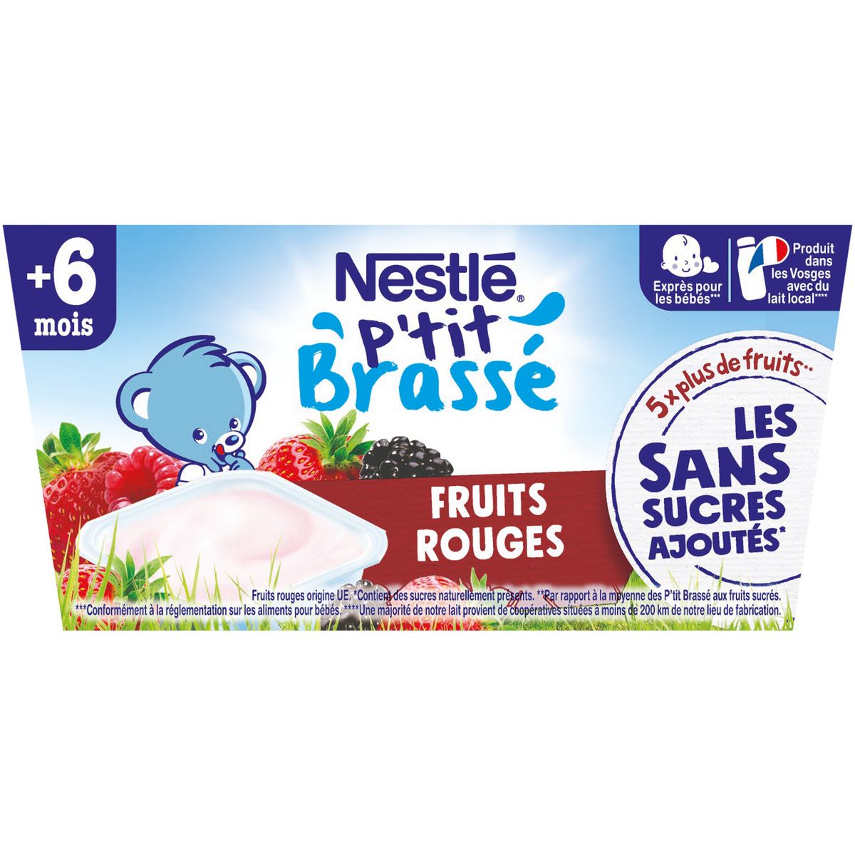 NESTLE P'tit brassé petit pot dessert lacté aux fruits rouges sans sucres ajoutés dès 6 mois 4x90g