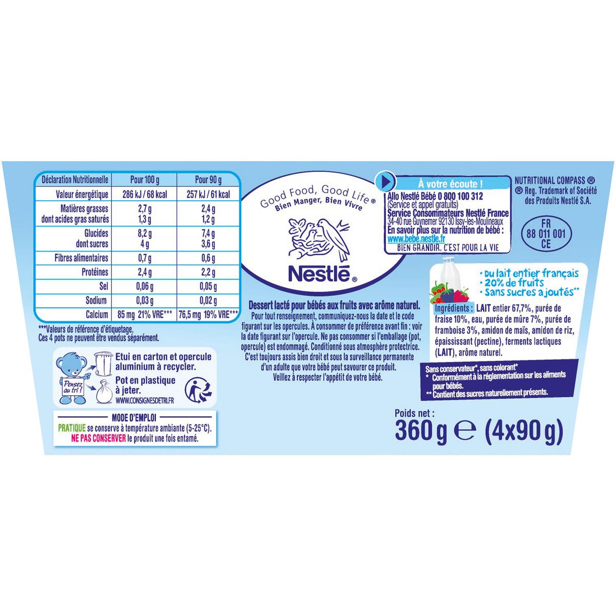 NESTLE P'tit brassé petit pot dessert lacté aux fruits rouges sans sucres ajoutés dès 6 mois 4x90g