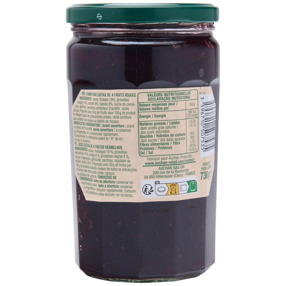 AUCHAN Confiture extra 4 fruits rouges 730g