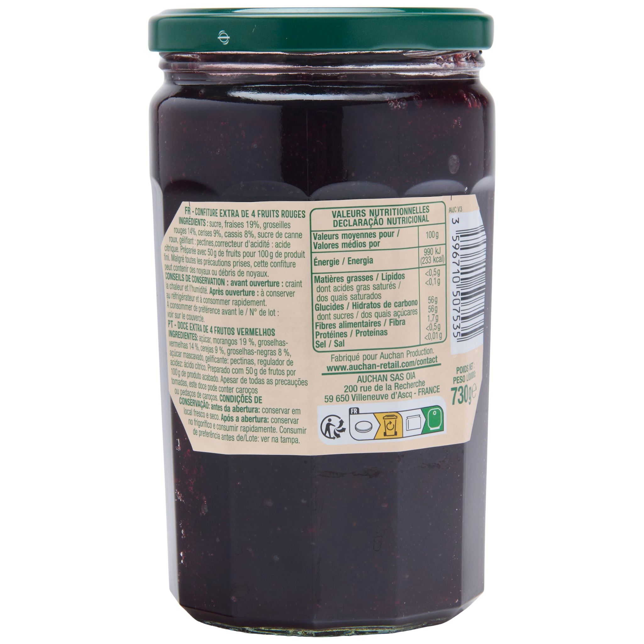 Voir la diapositive 2 : AUCHAN Confiture extra 4 fruits rouges 730g