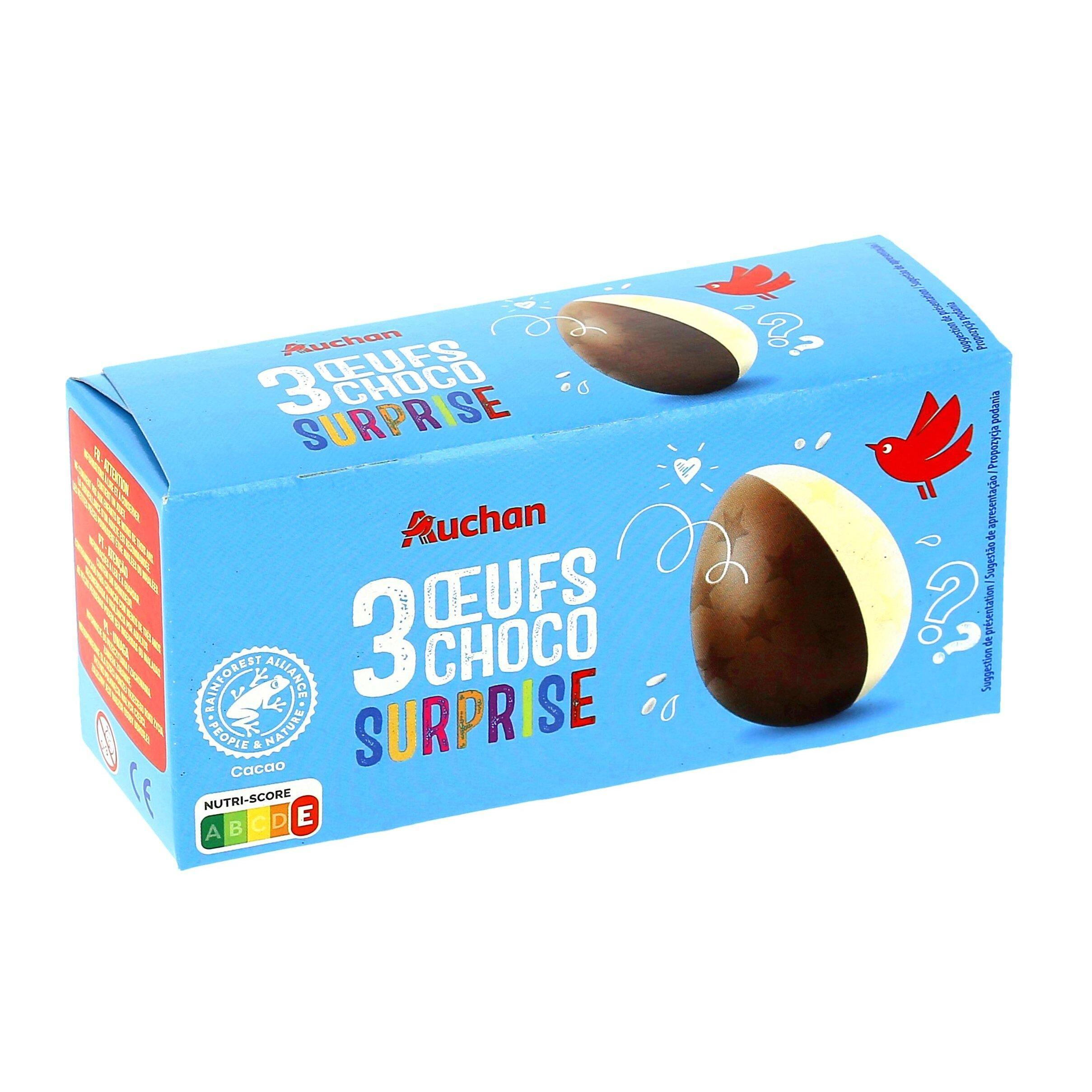 Voir la diapositive 3 : AUCHAN Oeufs surprise au chocolat au lait et chocolat blanc 3 œufs 60g