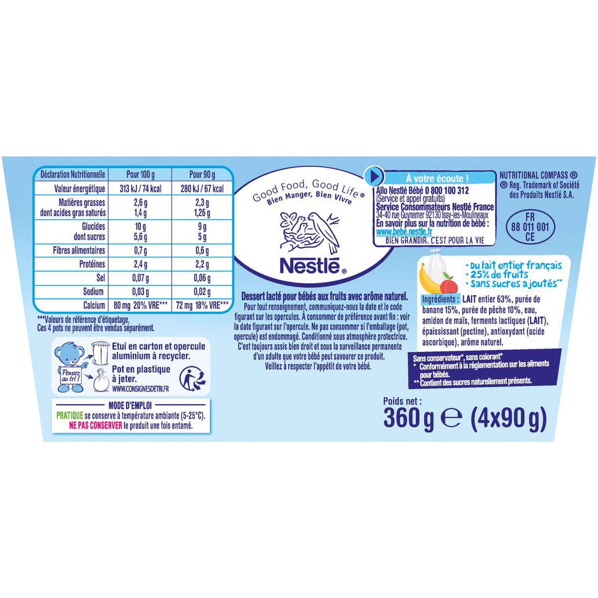 NESTLE P'tit brasse saveur banane pêche sans sucres ajoutés dès 6mois 4x90g