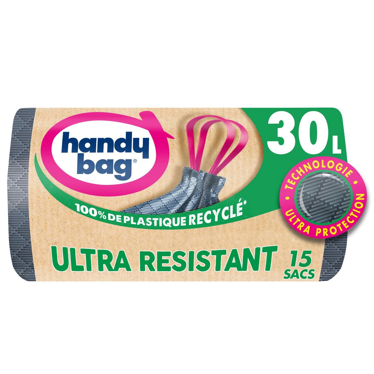 HANDY BAG Sacs poubelle recyclés ultra résistants à liens coulissants 30L 15 sacs