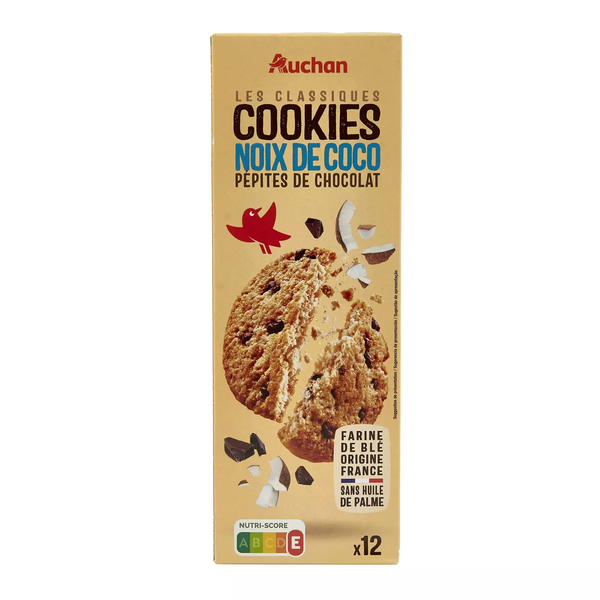 AUCHAN Cookies pépites de chocolat et noix de coco 12 cookies 200g