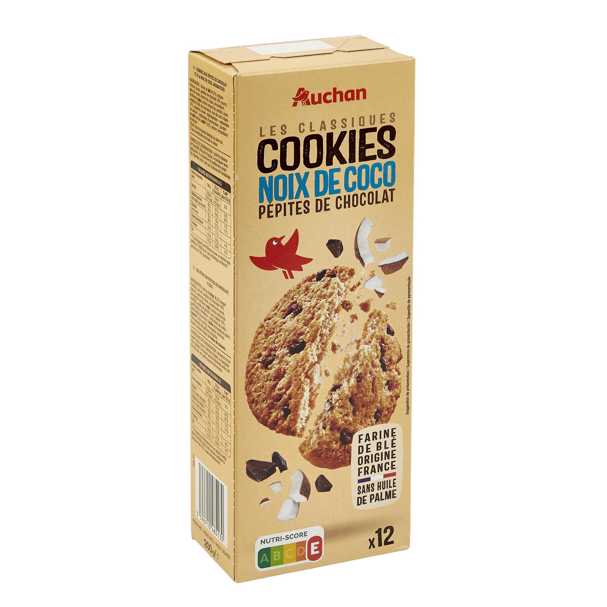 Voir la diapositive 2 : AUCHAN Cookies pépites de chocolat et noix de coco 12 cookies 200g