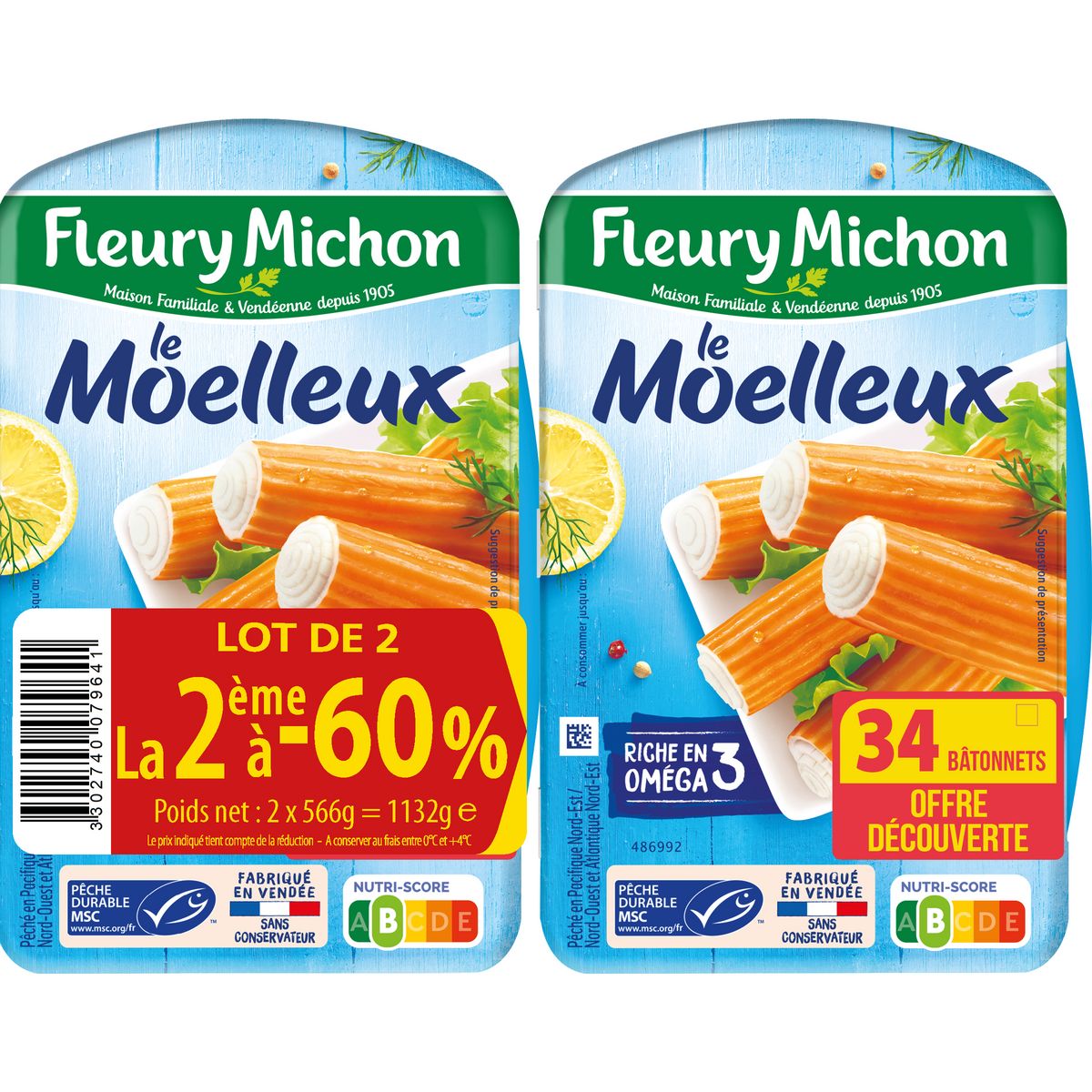 FLEURY MICHON Le moelleux bâtonnets de surimi MSC 68 bâtonnets  2x34