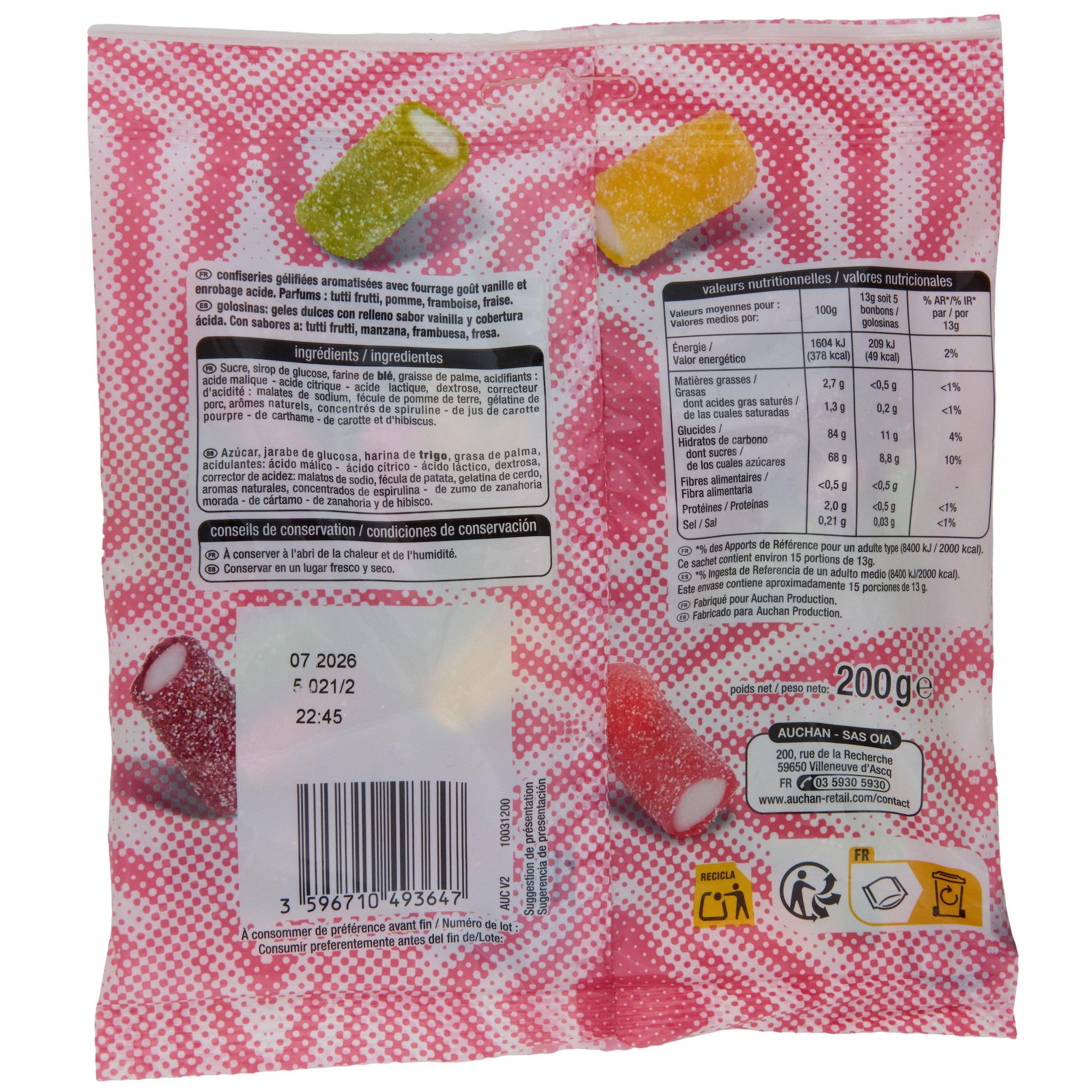 Voir la diapositive 2 : AUCHAN Bonbons gélifiés tubs acid 200g