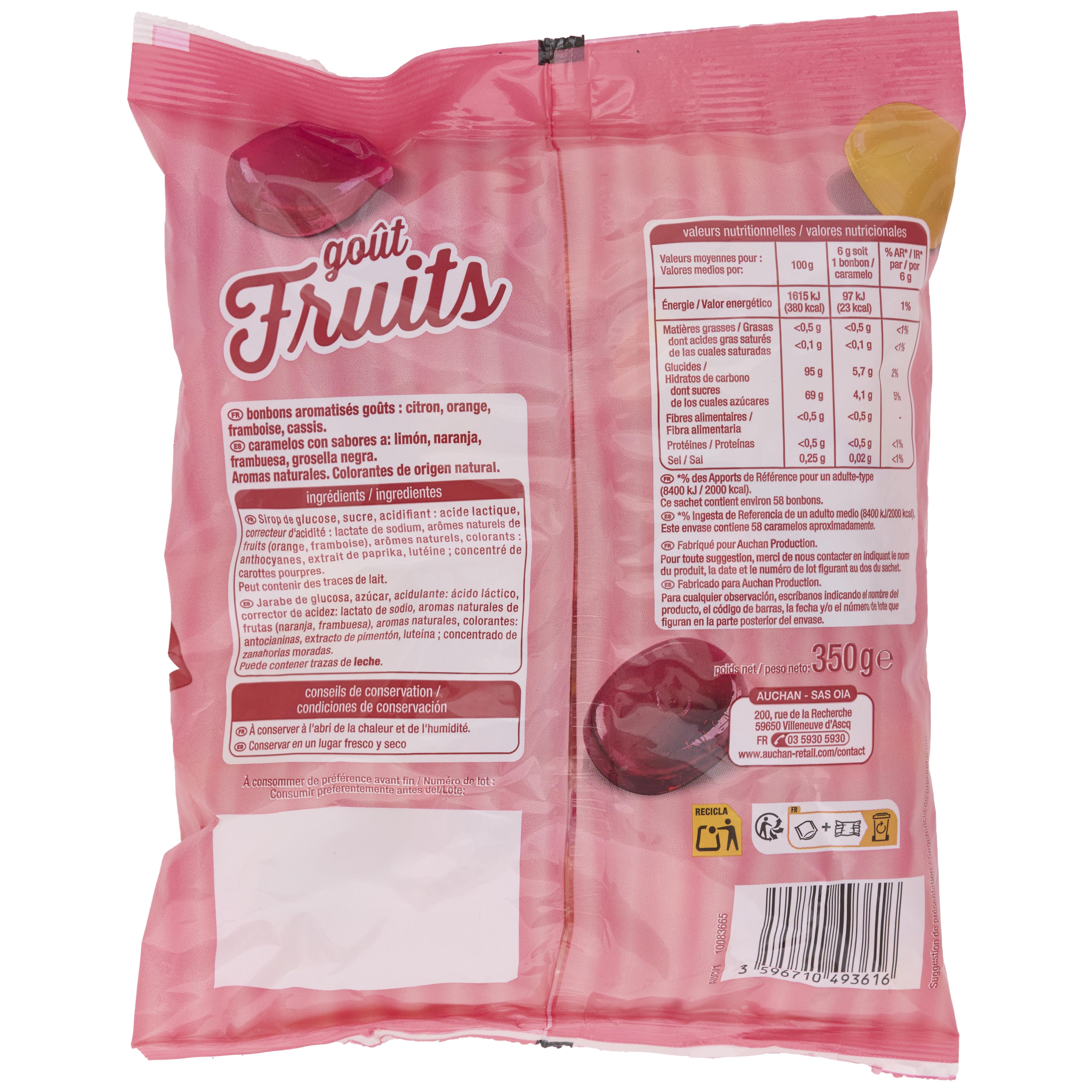 Voir la diapositive 2 : AUCHAN Bonbons durs goût fruits 350g
