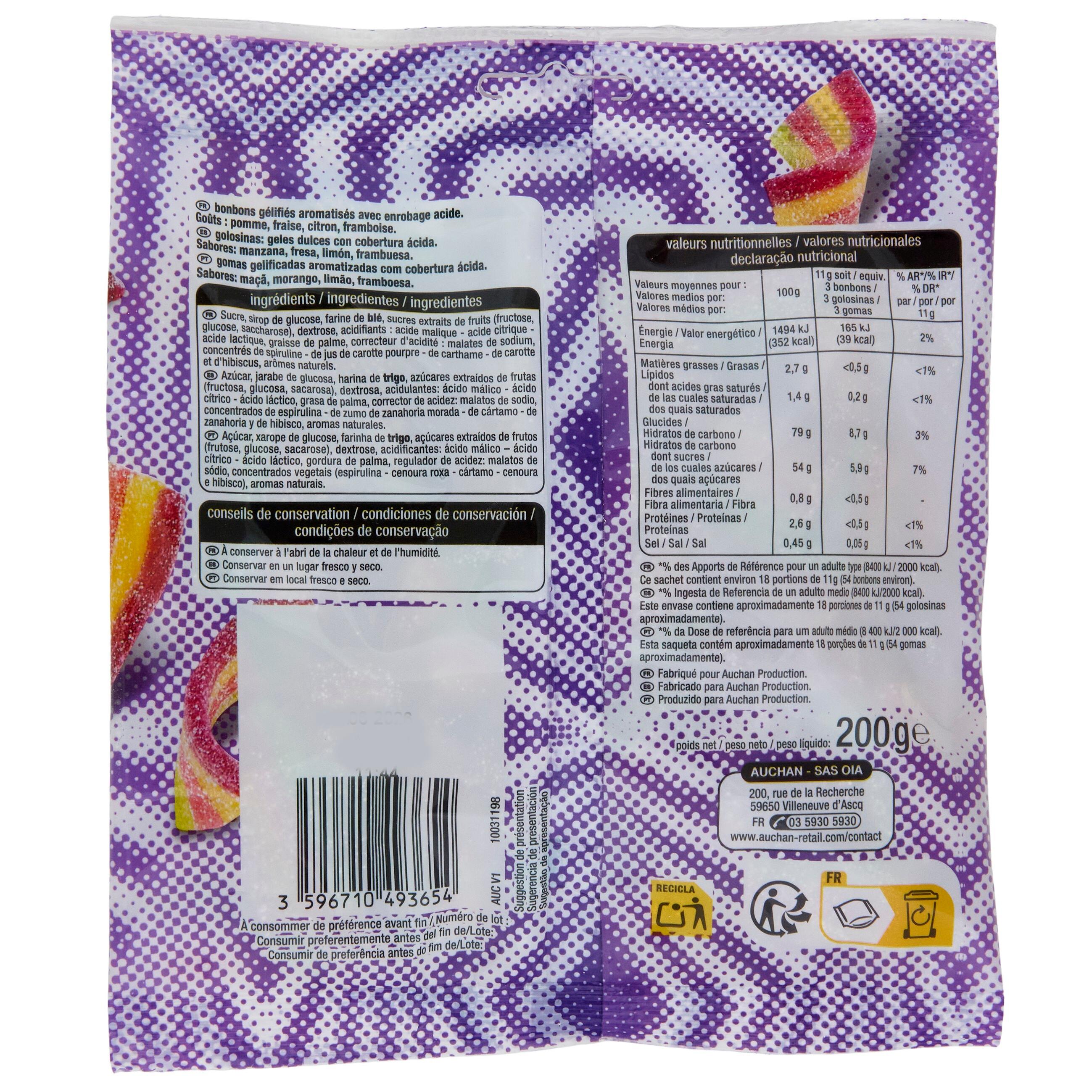 Voir la diapositive 2 : AUCHAN Bonbons bando acid arc en ciel 200g