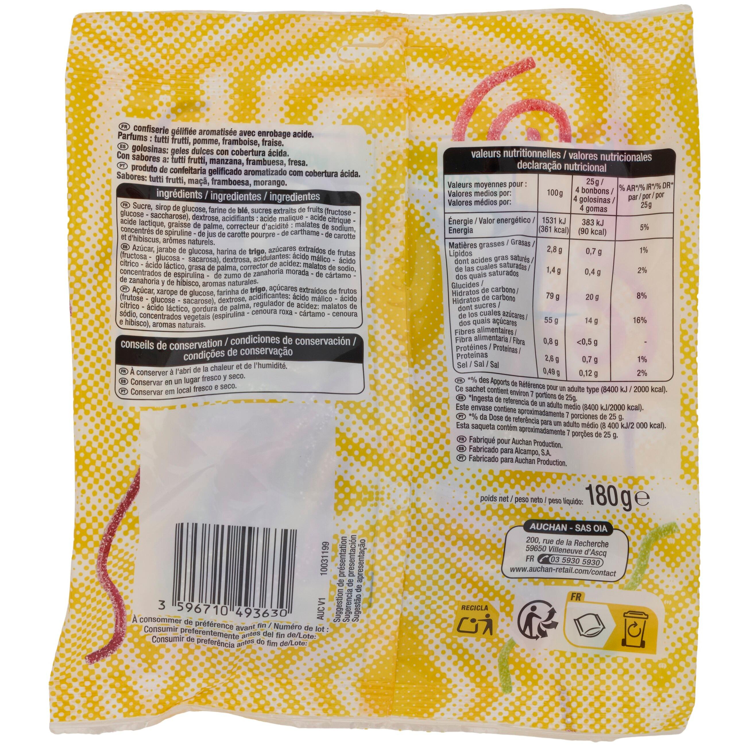 Voir la diapositive 2 : AUCHAN Bonbons gélifiés piquants fils acid 180g