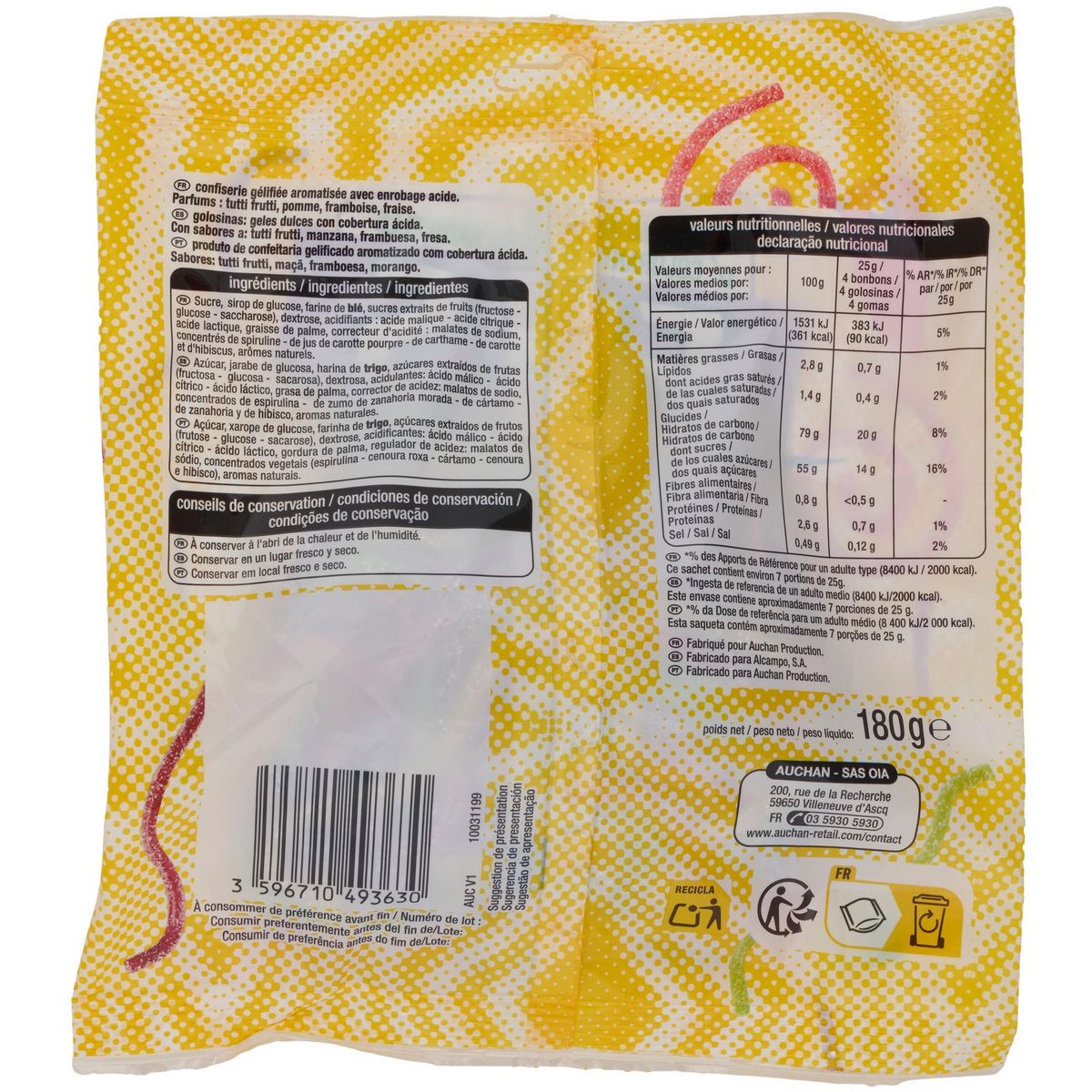 AUCHAN Bonbons gélifiés piquants fils acid 180g