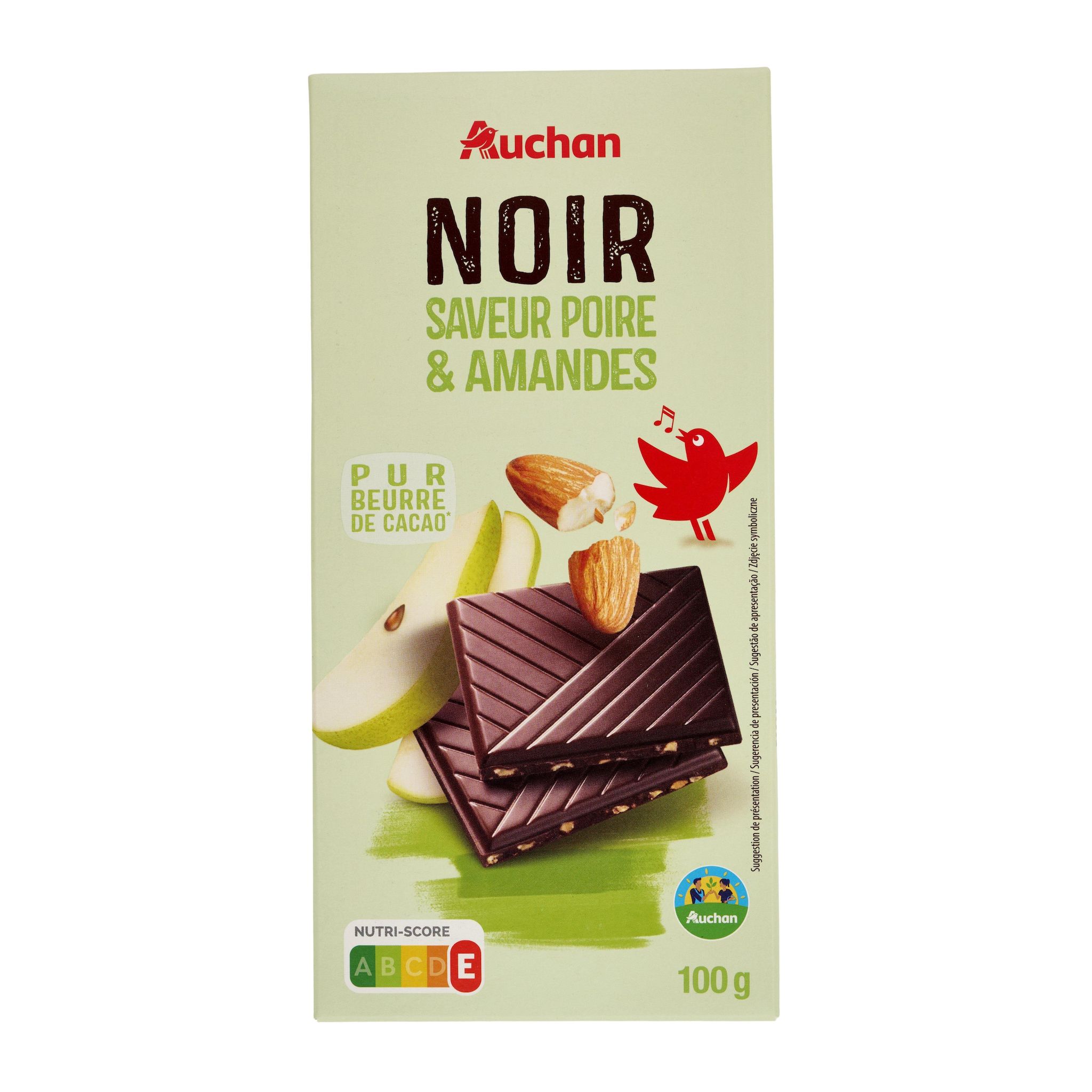 Voir la diapositive 2 : AUCHAN CULTIVONS LE BON Tablette de chocolat noir saveur poire et amandes 1 pièce 100g